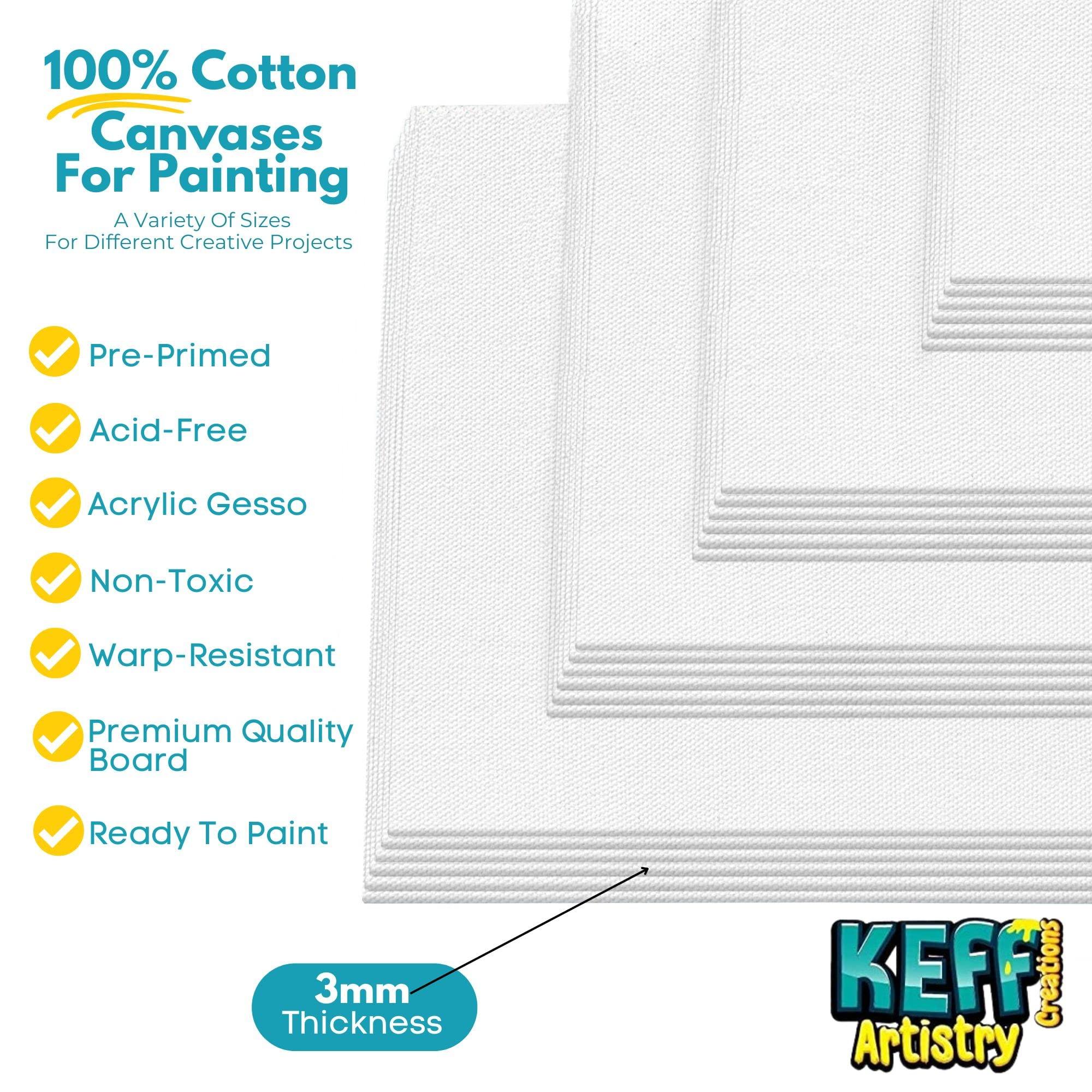 KEFF 24-Pack Bulk Canvas for Painting, 6 of 5x7, 8x10, 9x12, 11x14 Canvas Boards for Painting, Art Supplies for Adults & Kids - 100% Cotton Primed Painting Canvas for Acrylic, Oil, Watercolor, Tempera - Image 4