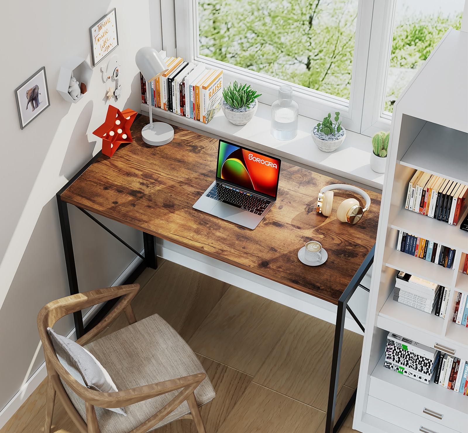 Coavas Small Folding Desk, No Assembly Required Computer Desks, 39.4 inch Spaces Saving Foldable Table for Bedroom, Home Office, Dorm, Apartment, Slippy Vintage Brown - Image 6