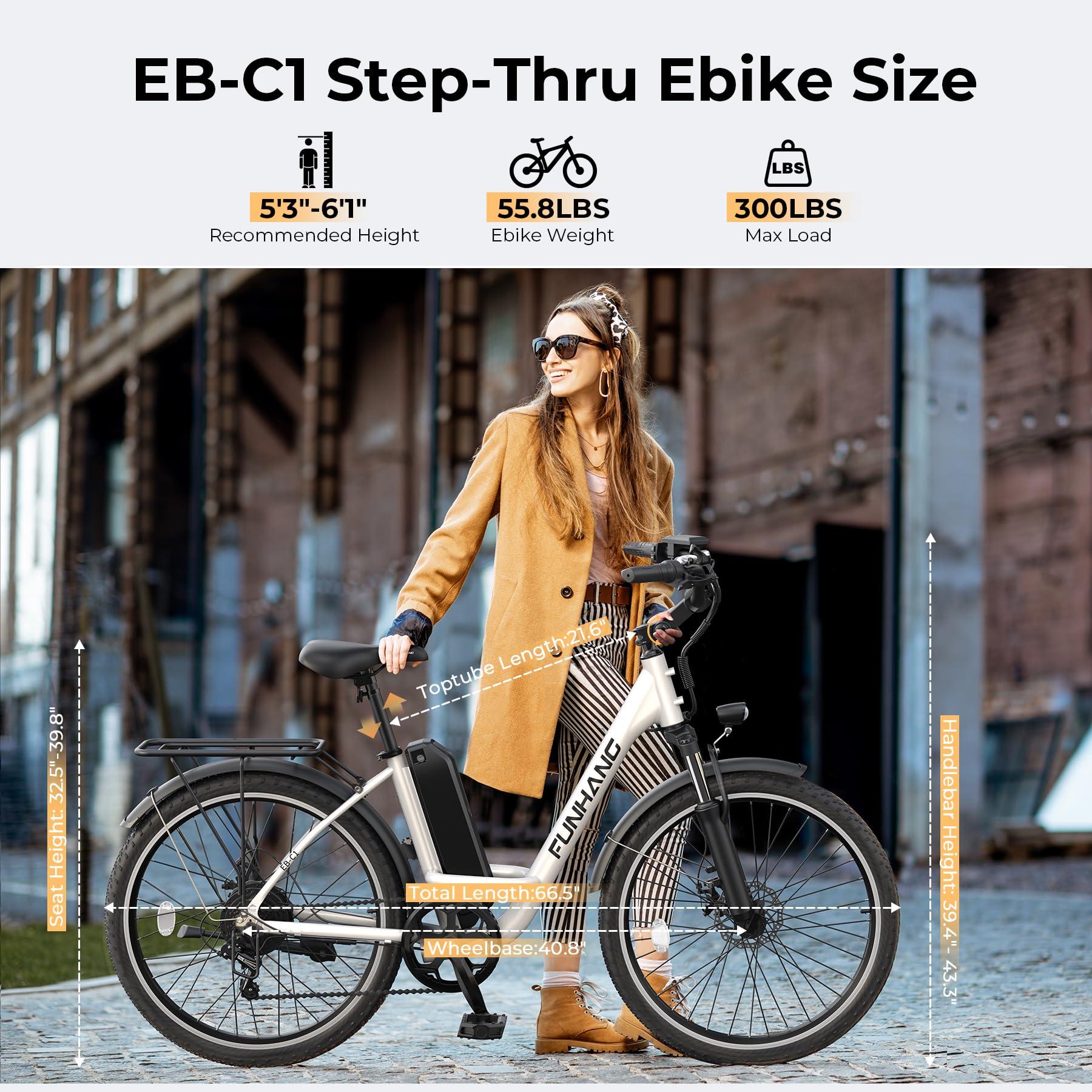 Funhang Electric Bike for Adults, 1000W Peak Ebike, 21.7MPH 50Miles City Cruiser Ebikes, 26" Step Thru Electric Bicycle with 48V Removable Battery, Adjustable Stem, Rear Rack, Front Suspension,7 Speed - Image 7