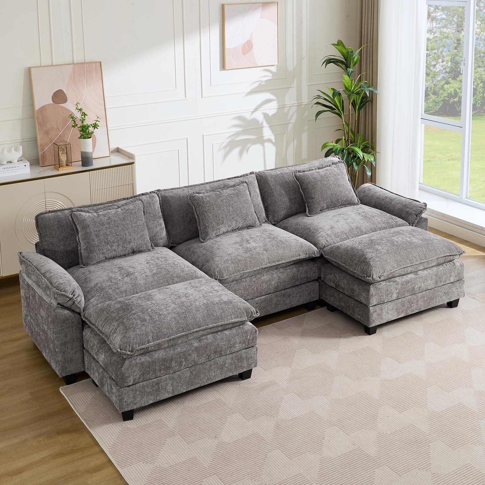IPKIG 117" Sectional Sofa Cloud Couch, Modern Chenille U-Shaped Couch Comfy Upholstered 3-Seat Sofa with 2 Ottoman, 3 Lumbar Pillow, Deep Seat Modular Sofa for Living Room, Apartment, Studio