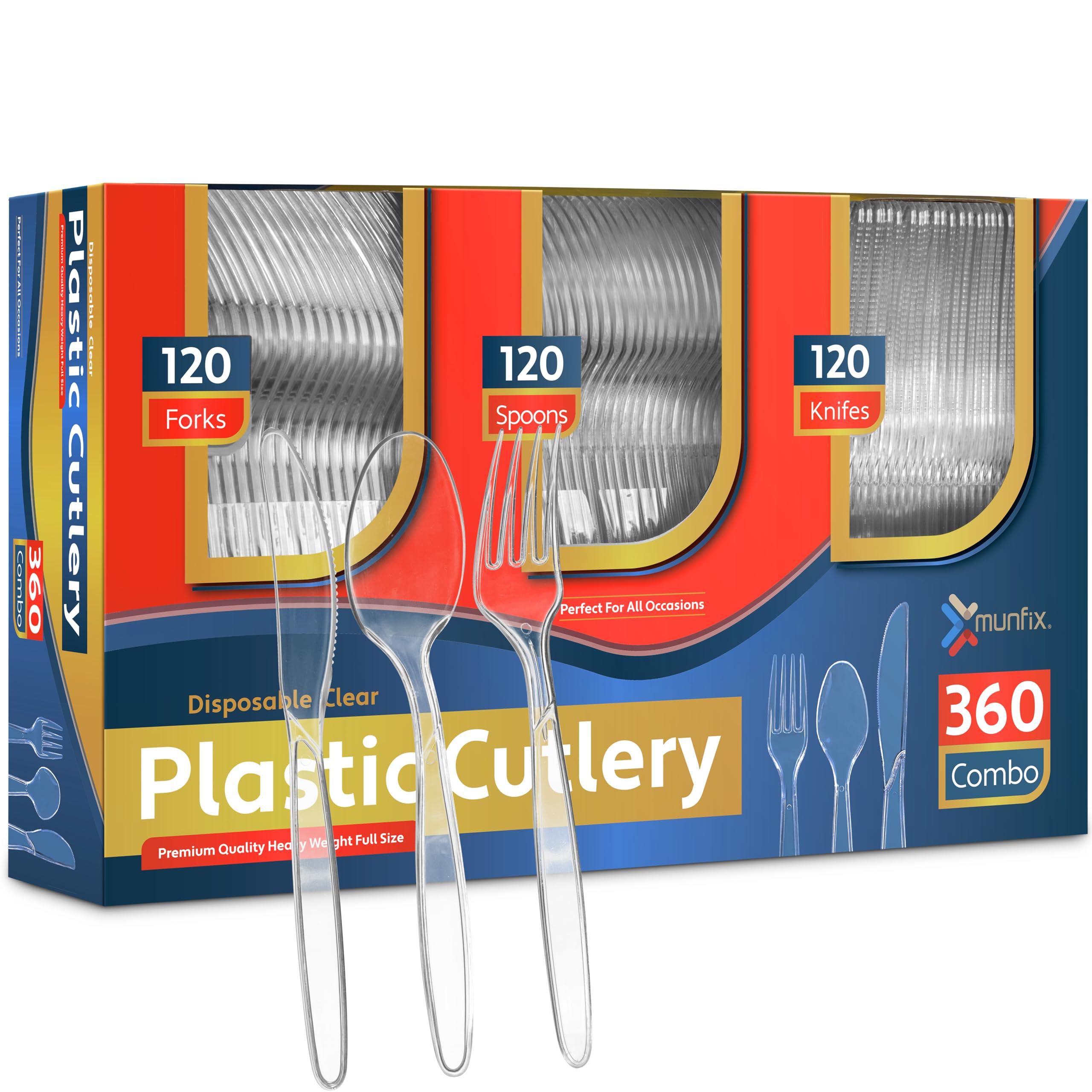 360 Count Plastic Silverware Set, 120 Clear Forks, 120 Spoons, 120 Knives, Heavy Duty BPA Free Disposable Plastic Cutlery Set, Premium Clear Plasticware for Party Supplies