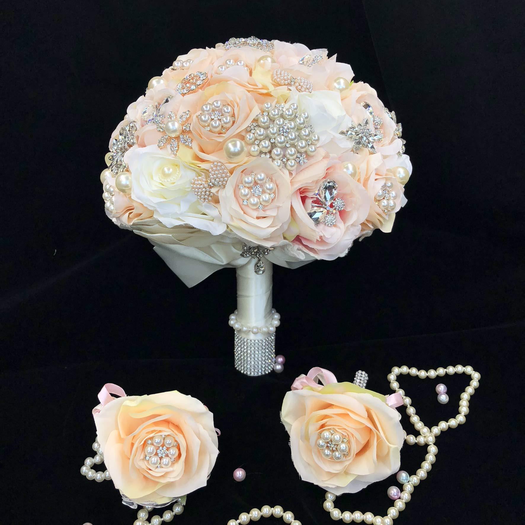 Abbie Home Luxury Brooch Bouquet for Wedding - Crystal Pearls and Rhinestone Jewelry Decorated Rose Flower Bridal Flower in Champagne Blush (Champagne) - Image 6