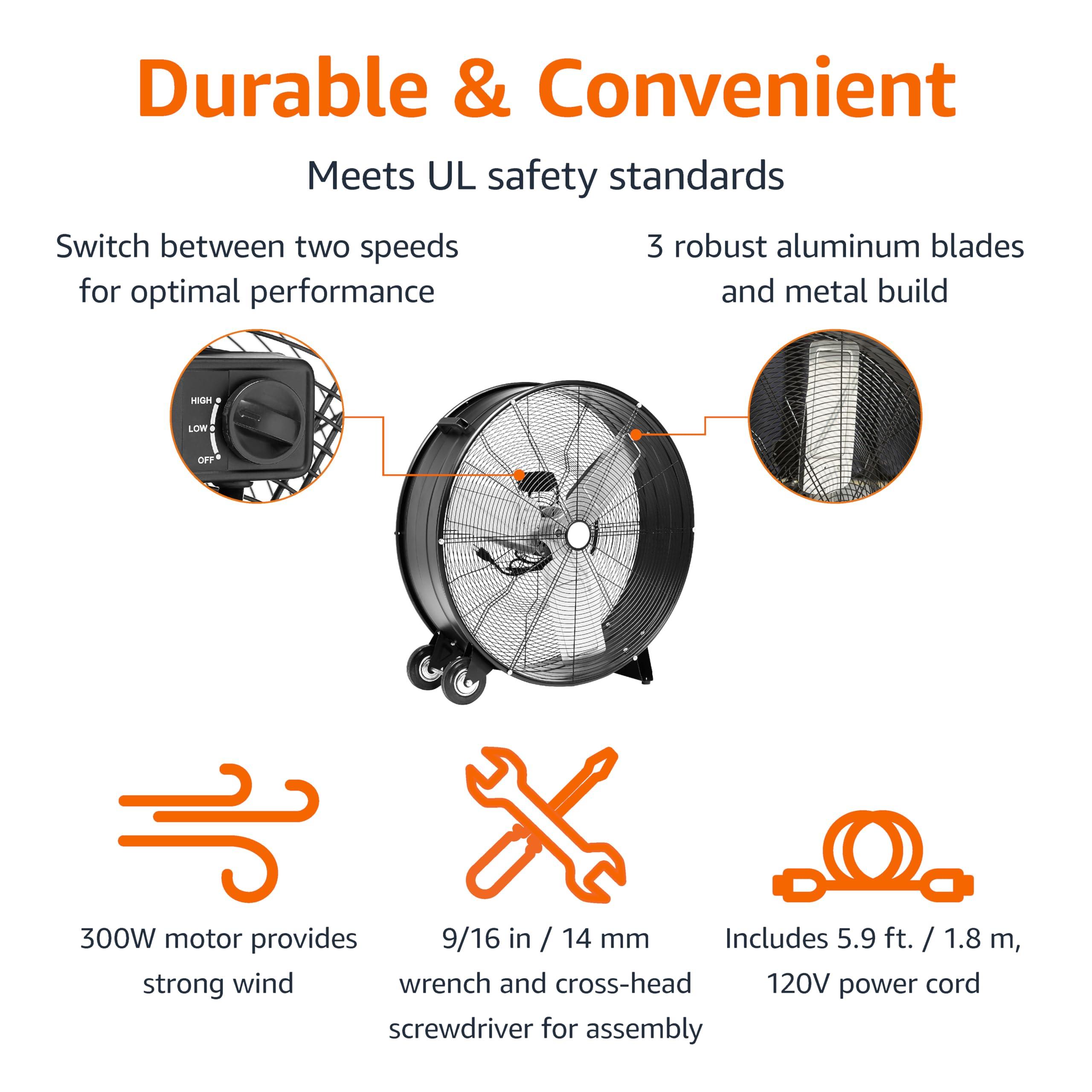 Amazon Basics 30" 300W High-Velocity, Heavy-Duty Industrial Fan, Drum Fan, with UL-Certified Safety Compliance, 2 Speeds, Up to 12,480 CFM, 5.9-ft Power Cord, 2 Wheels, Metal Housing/Blades, Black - Image 3