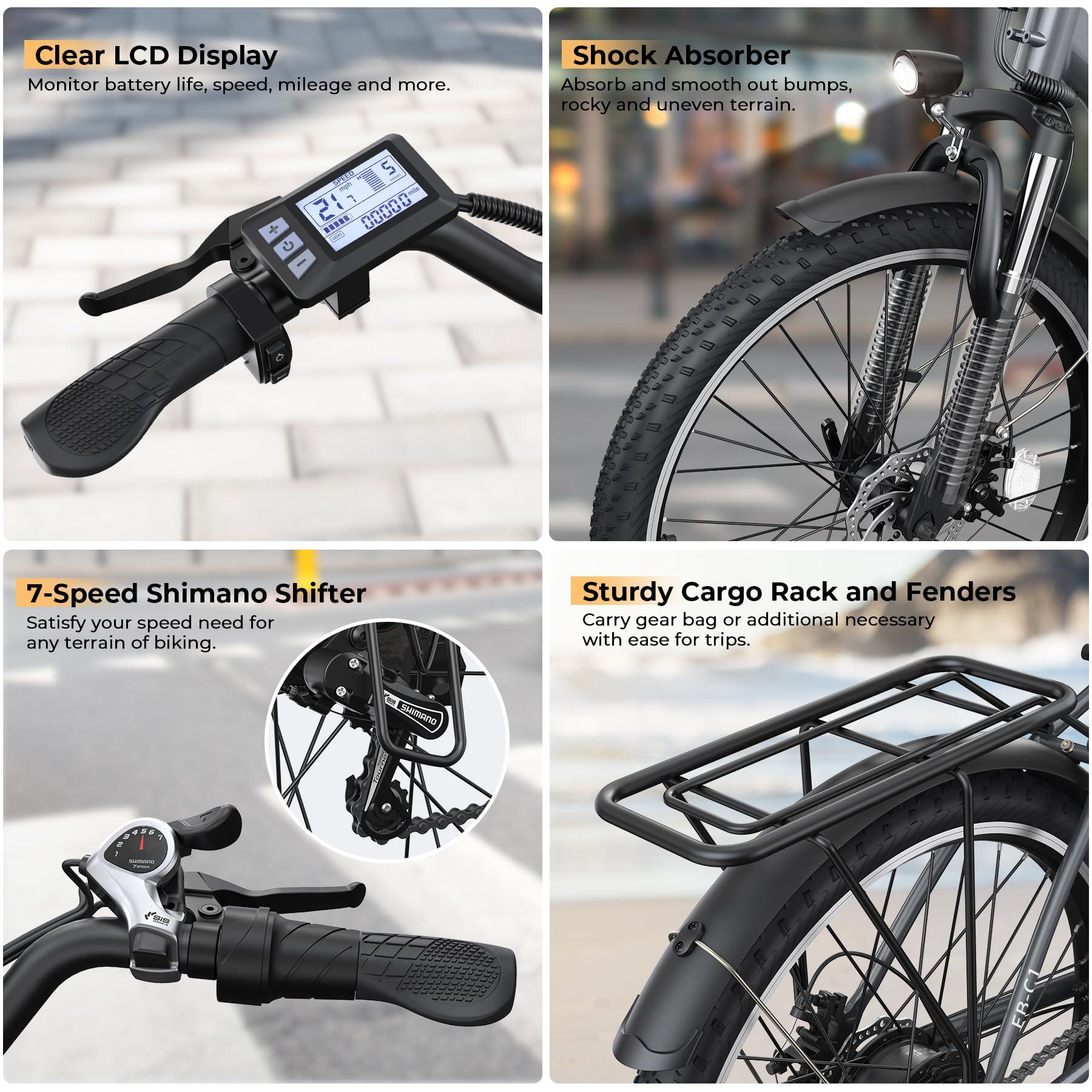 Funhang Electric Bike for Adults, 1000W Peak Ebike, 21.7MPH 50Miles City Cruiser Ebikes, 26" Step Thru Electric Bicycle with 48V Removable Battery, Adjustable Stem, Rear Rack, Front Suspension,7 Speed - Image 5