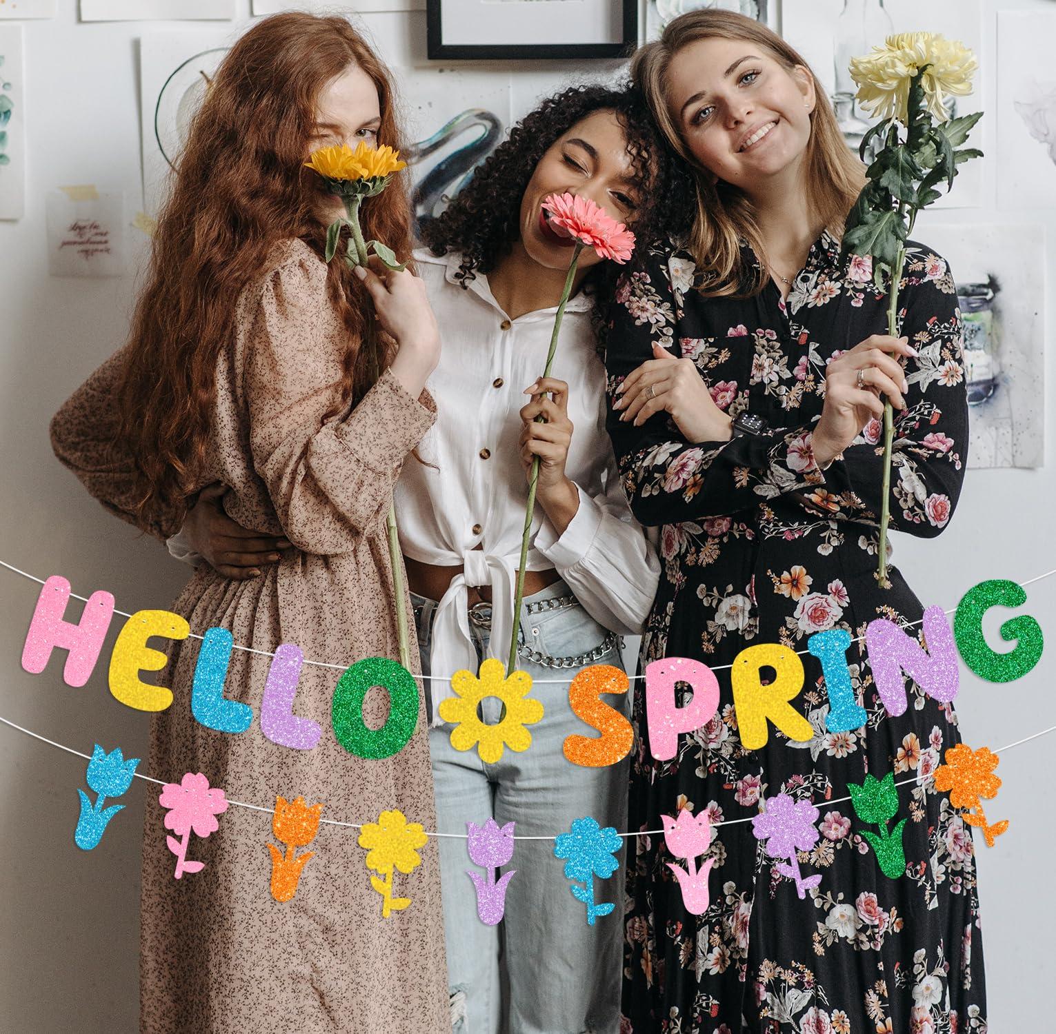 JKQ Colorful Glittery Hello Spring Banner Banner Spring Hanging Swirls Decorations Spring Honeycomb Centerpieces Decorations Spring Easter Tulip Flowers Party Banner for Ceiling Table Hanging Decors - Image 7