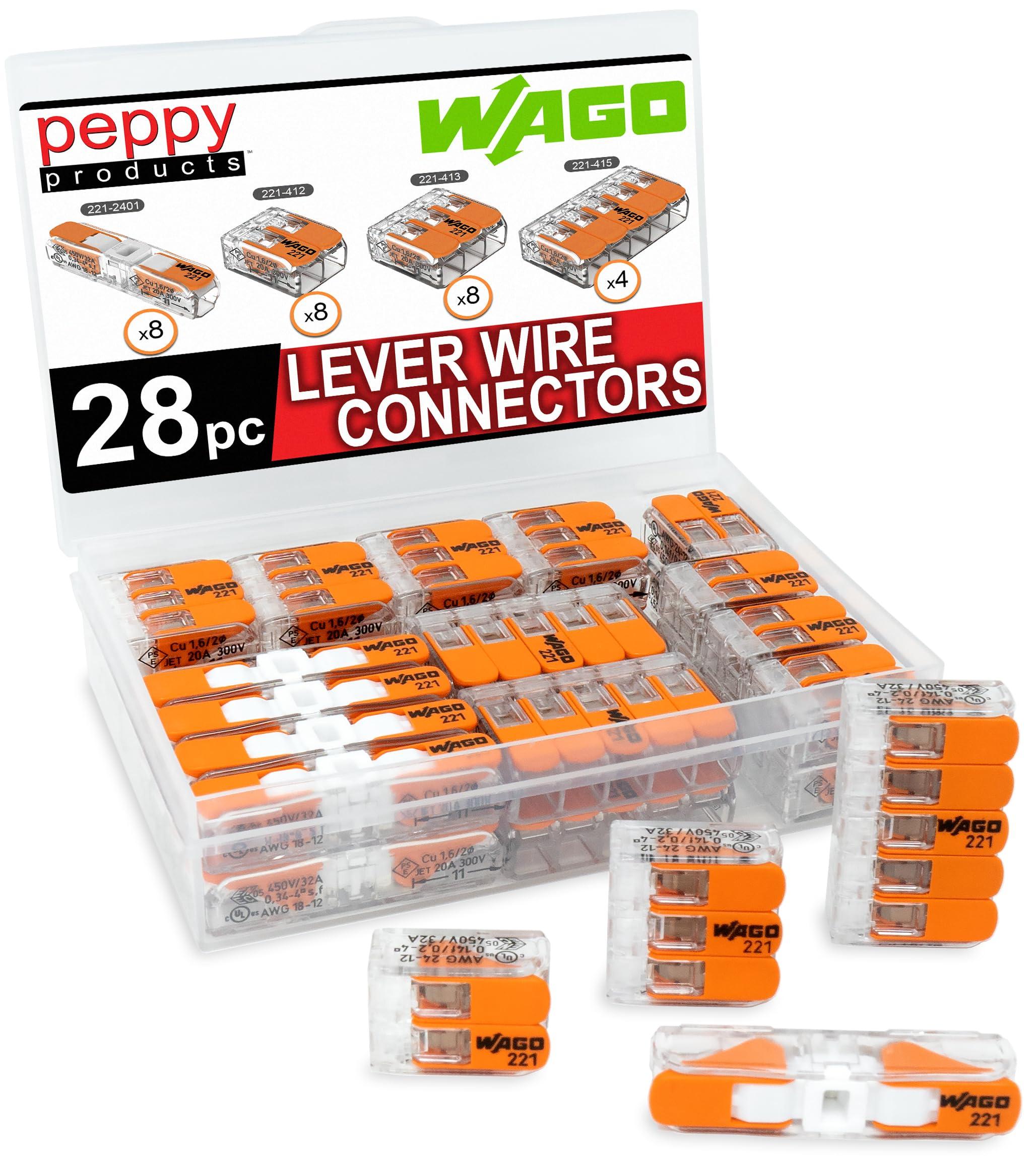 WAGO 221 Lever Nuts 28pc Compact Splicing Wire Connector Assortment with Case | Includes 221-2401, 221-412, 221-413, 221-415