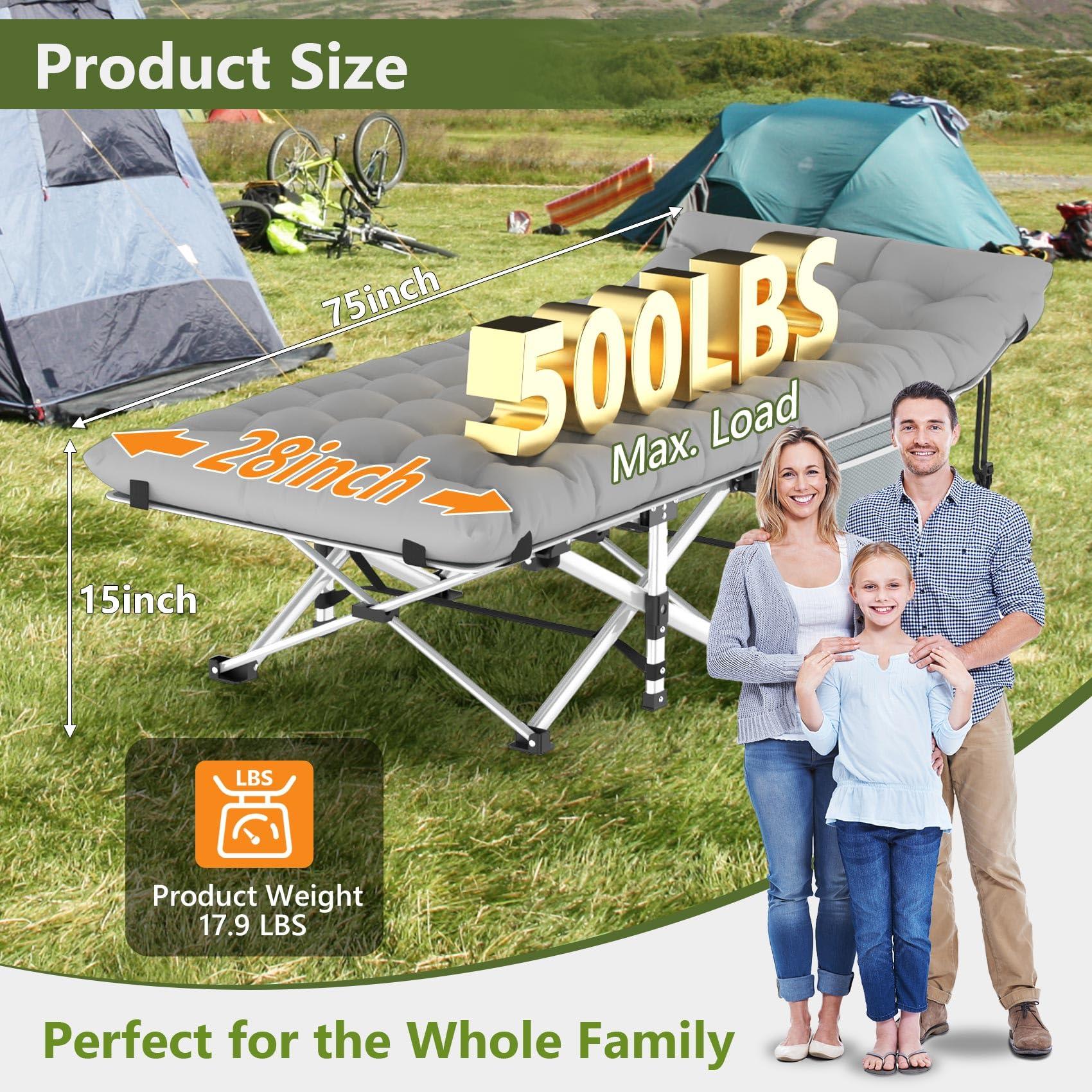 Slendor Camping Cot, Folding Camping Cots for Adults with Mattress, Portable Camping Bed, Sleeping Cot with Pillow & Carry Bag for Office Home Nap, Outdoor, Camping, Travel, Max Load 500lbs - Image 2