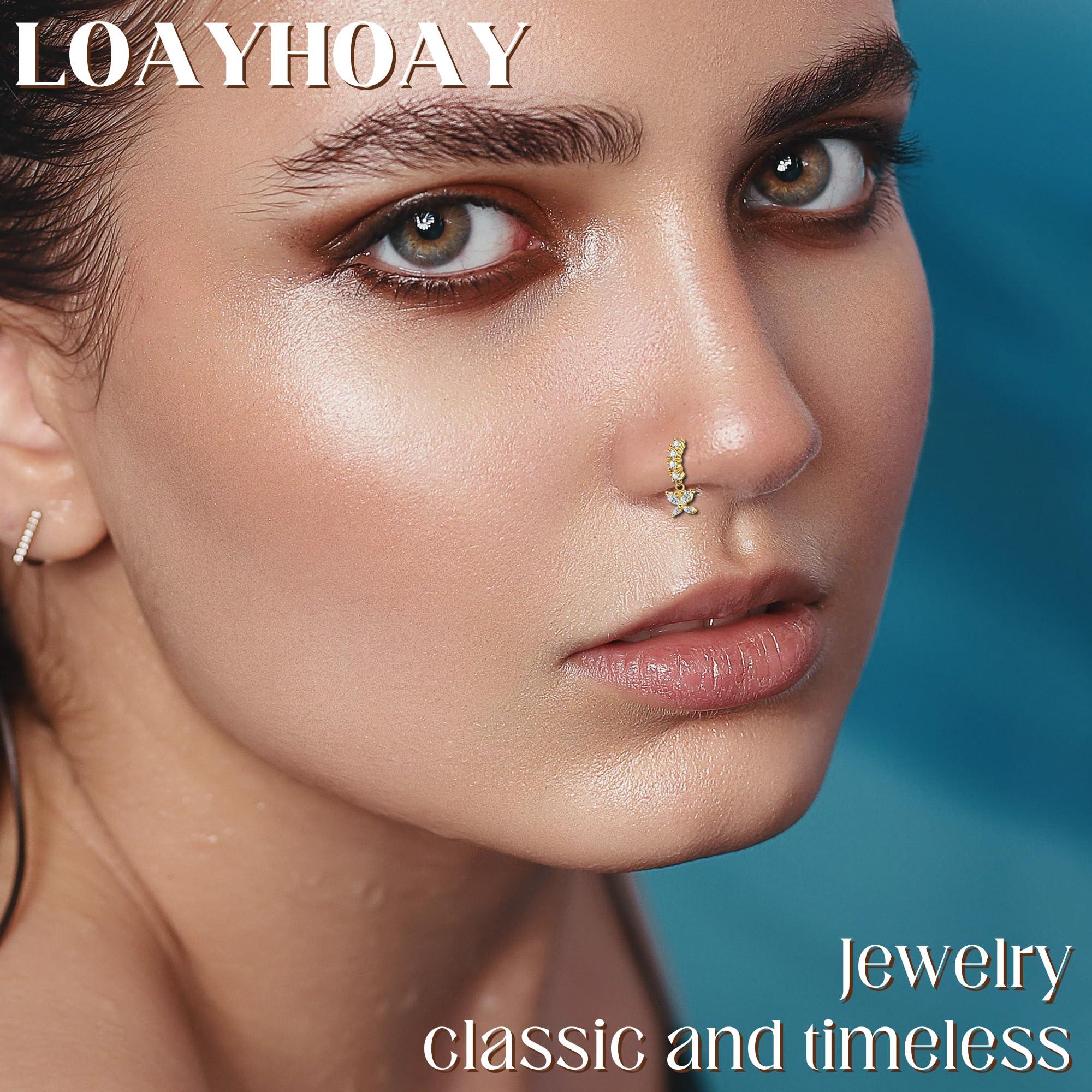 LOAYHOAY 24Pcs 20G Surgical Steel Dangle Nose Ring for Women L Shaped Dangling Nose Stud Dainty Nose Hoop Set CZ Flower Leaf Heart Moon Star Butterfly Dangle Nose Piercing Jewelry - Image 6