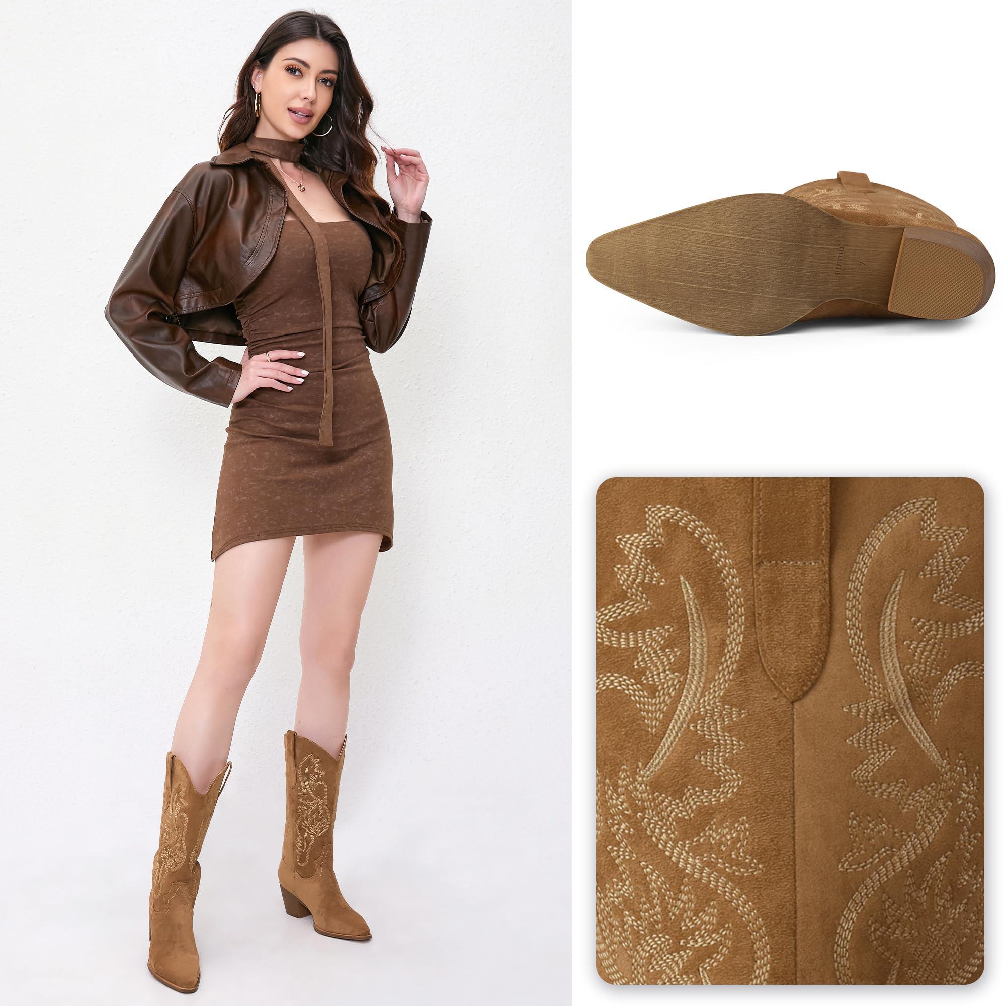 iiimmu Cowgirl Boots Women Knee High Boots Pointed Toe and Block Heel Cowboy Suede and Faux Leather Boots with Embroidered - Image 2