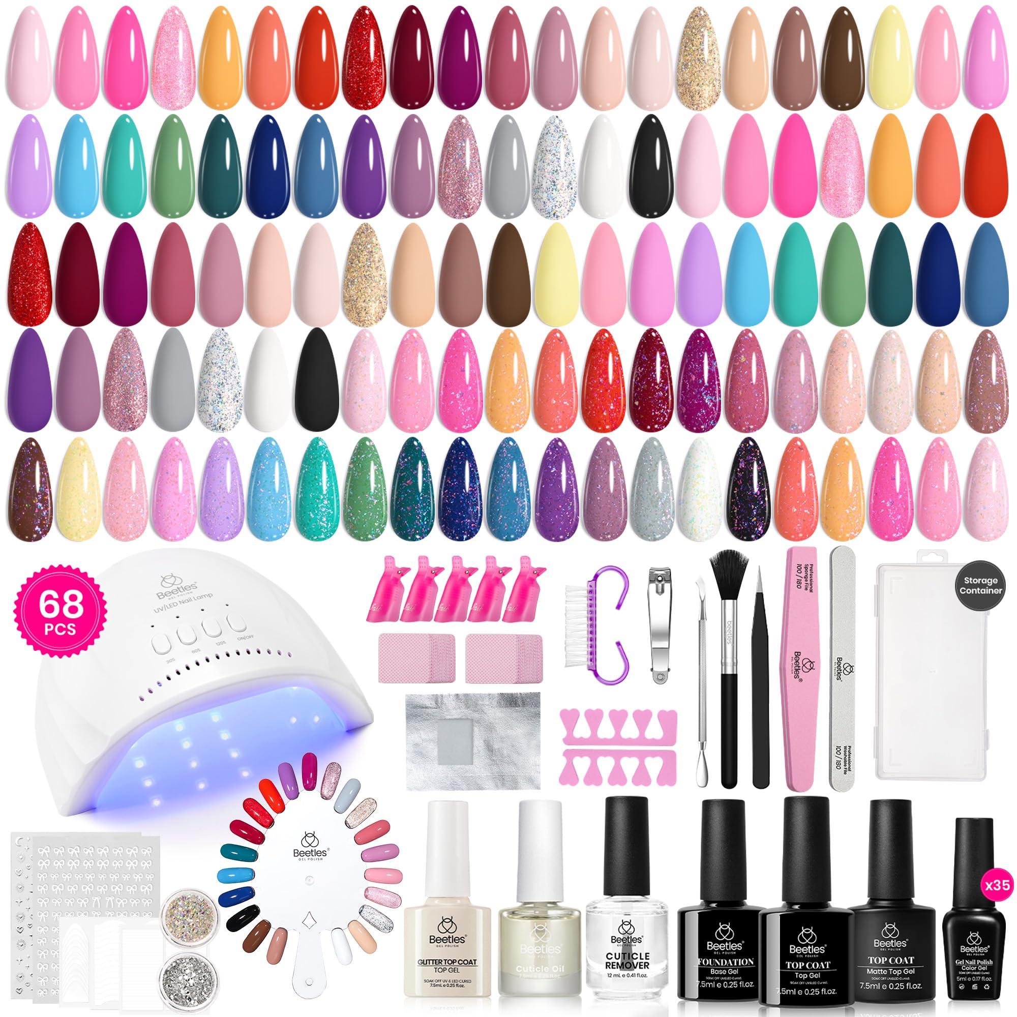 Beetles Gel Nail Polish Kit with U V Light - 68 Pcs Set 35 Colors Pink Glitter Nude Gray Gel Polish with Base Matte&Glossy Top Coat Vivid Seasons Gel Nail Set Nail Art Gift for Women & Girls - Image 7