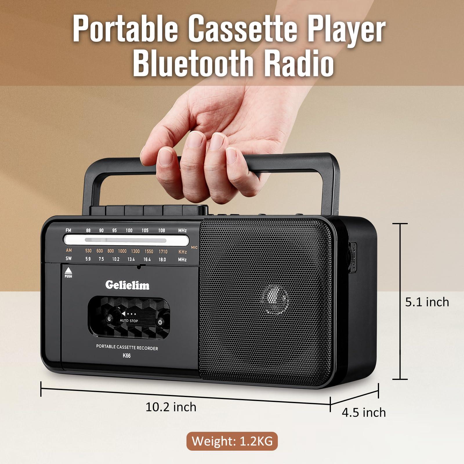 Gelielim Cassette Tape Player Bluetooth Boombox, Cassette Player AM/FM/SW Radio Stereo, Tape Player/Recorder with 8W Speaker and Earphone Jack, USB/TF Card Player, AC Powered or Battery Operated - Image 7