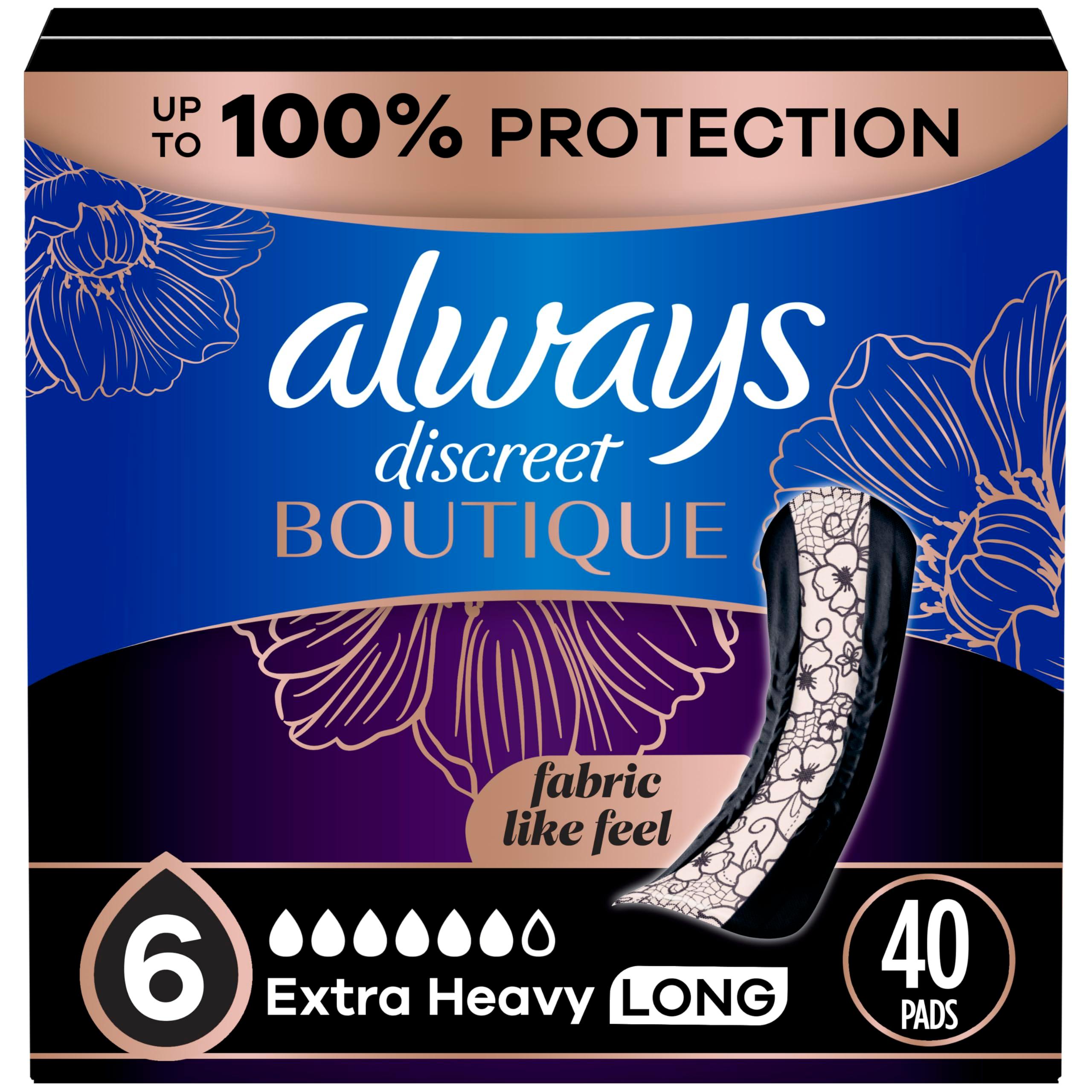 Always Discreet Boutique Incontinence Pads, for Bladder Leaks, Extra Heavy Absorbency, Long Length, 20 Count x 2 Packs (40 Count Total) (Packaging May Vary)