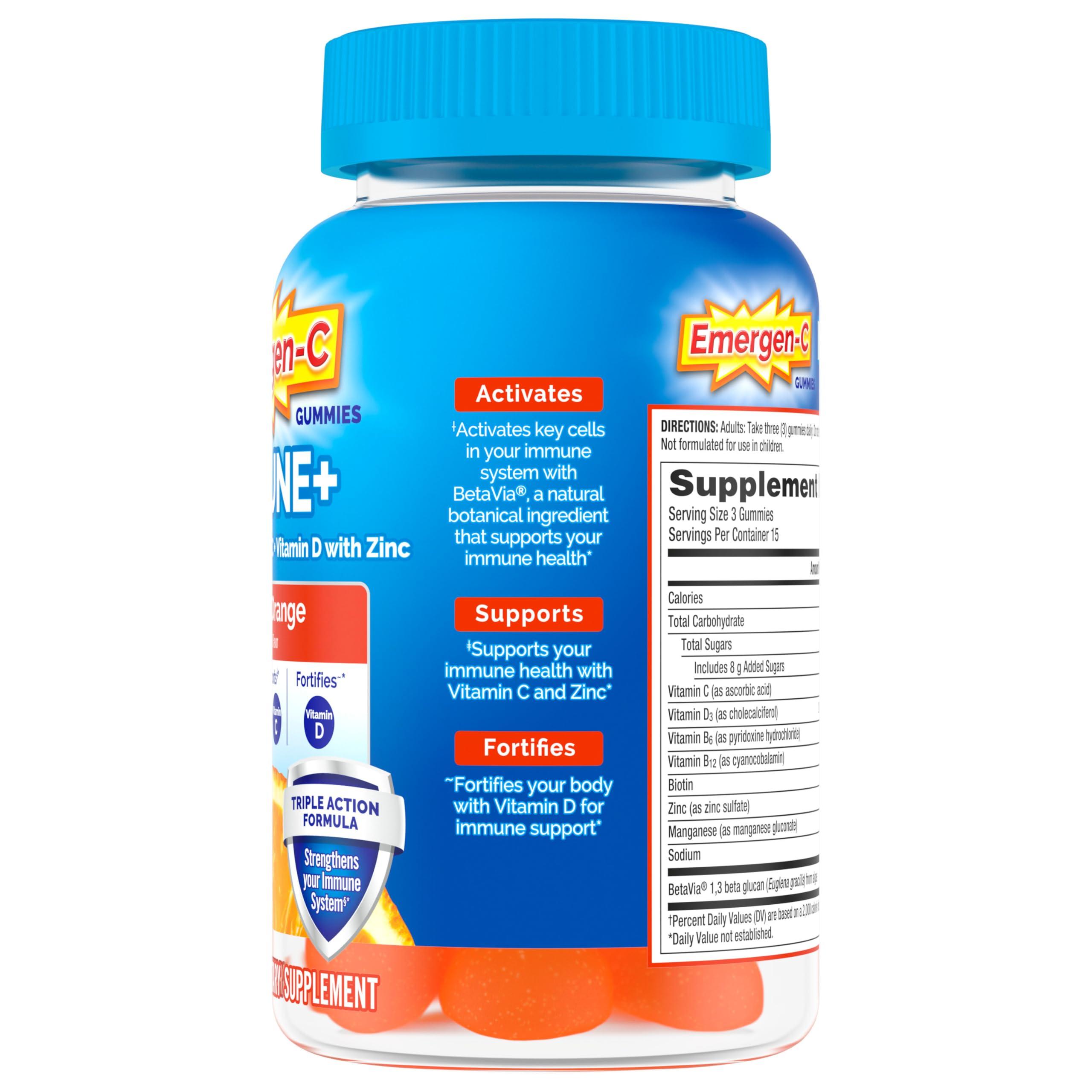 Emergen-C Immune+ Immune Gummies, Vitamin D plus 750 mg Vitamin C, Immune Support Dietary Supplement, Caffeine Free, Gluten Free, Super Orange Flavor - 45 Count - Image 10