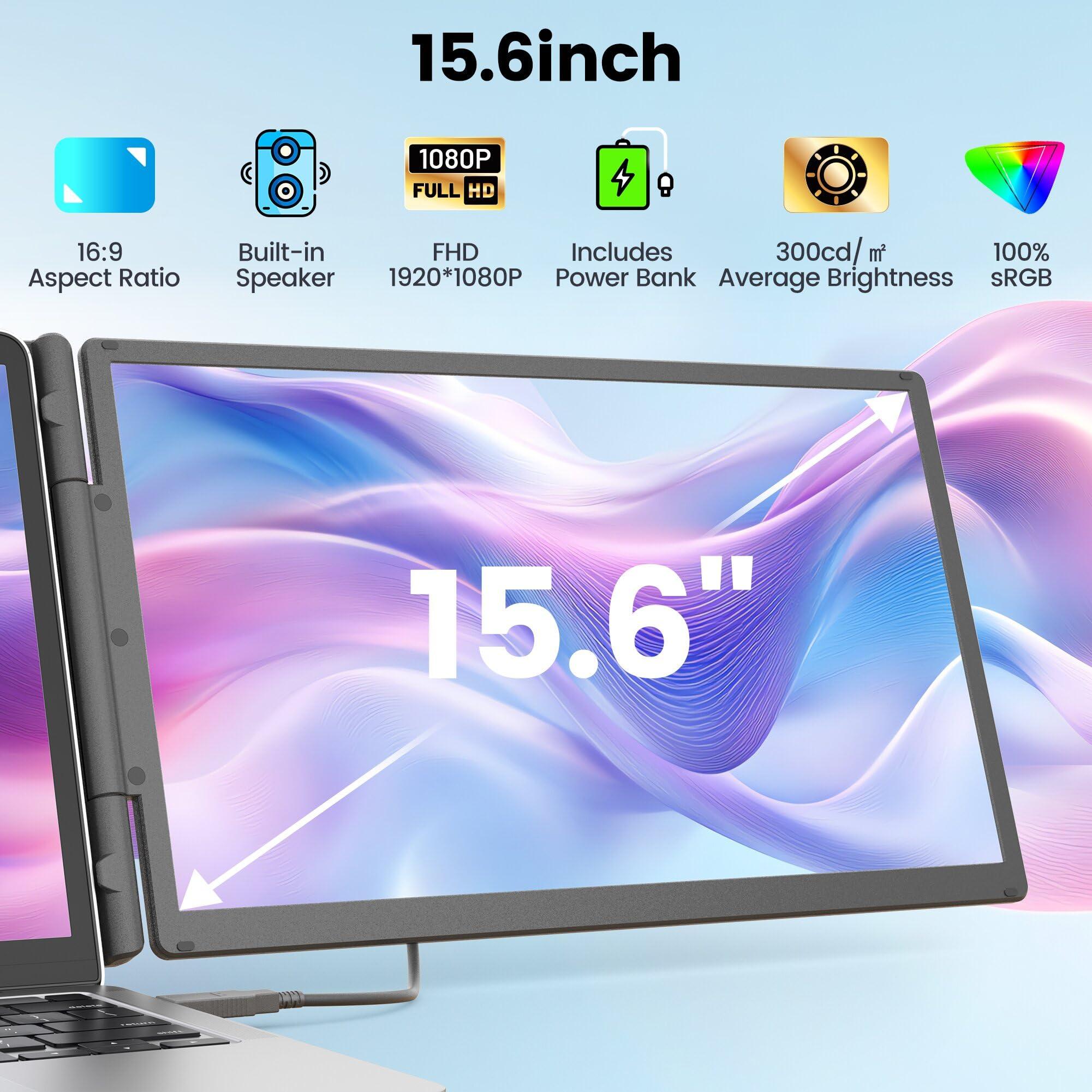KEFEYA 15.6" Laptop Screen Extender, Includes Power Bank, FHD 1080P IPS Triple Laptop Monitor Extender for 13-17" Laptops, Plug & Play with HDMI/USB-A/TYPE-C/Hub, Compatible with Windows, Mac, Android - Image 2