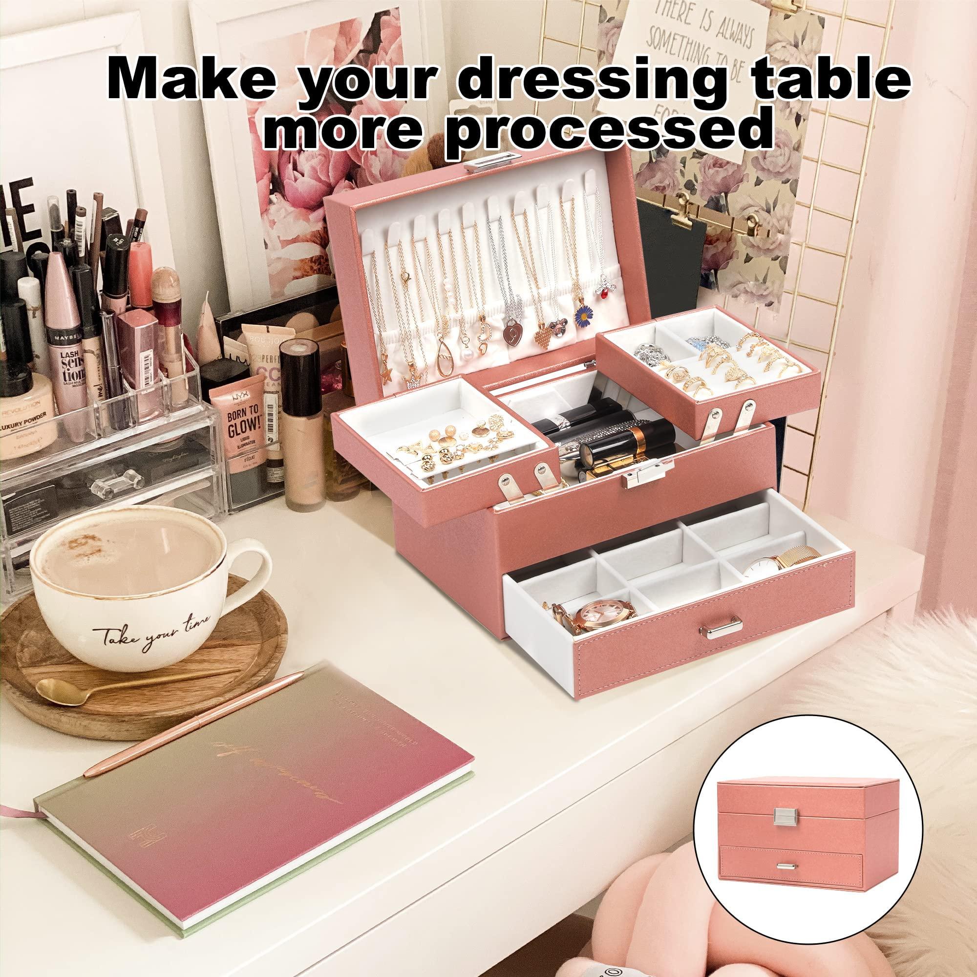 Dajasan Jewelry Organizer Box, Jewelry Box Organizer for Women Girls, 3 Layers Large Jewelry Storage Case for Earring, Rings, Necklaces Bracelets, Watch (Rose Gold) - Image 6