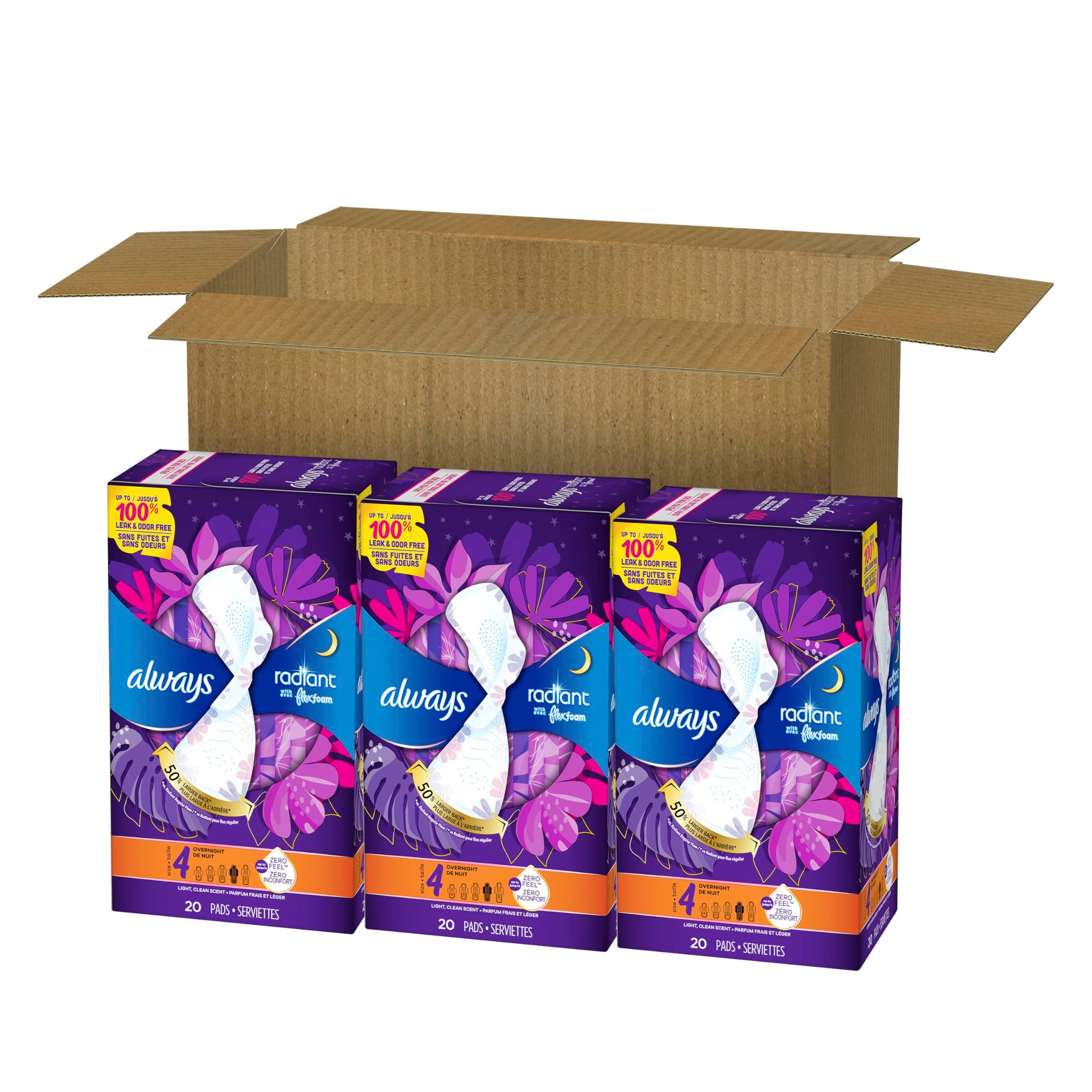 Always Radiant Feminine Pads for Women, Flexfoam Pads with Wings, Size 4, Overnight Absorbency, Lightly Scented, 60 Count (Packaging May Vary) - Image 10