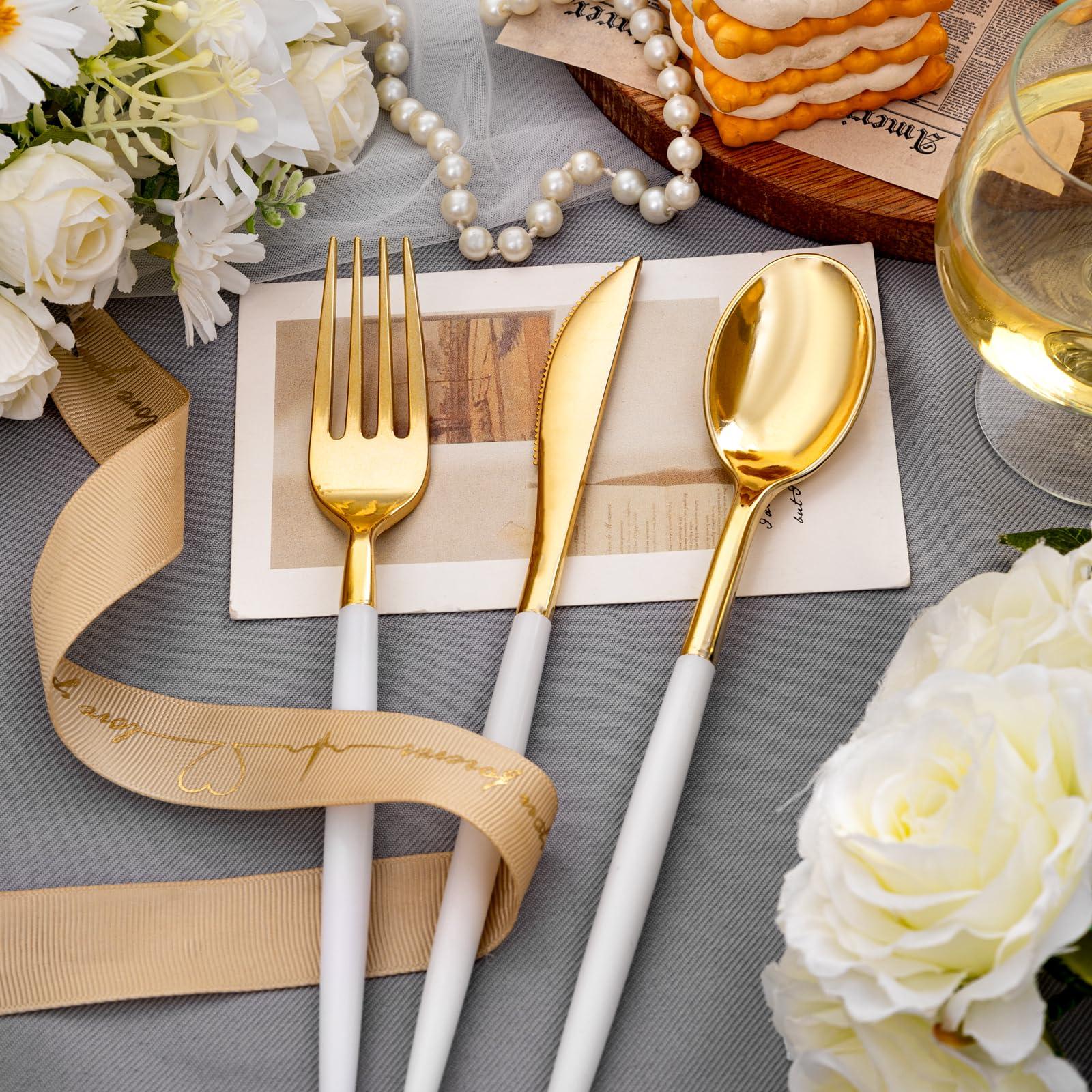 SUT Gold Plastic Silverware, 160Pcs Gold Utensils Set Disposable, 80 Gold Plastic Forks, 40 Gold Knives, 40 Gold Spoons, Gold Plastic Cutlery for Parties, Dinners, Weddings(White Gold) - Image 2