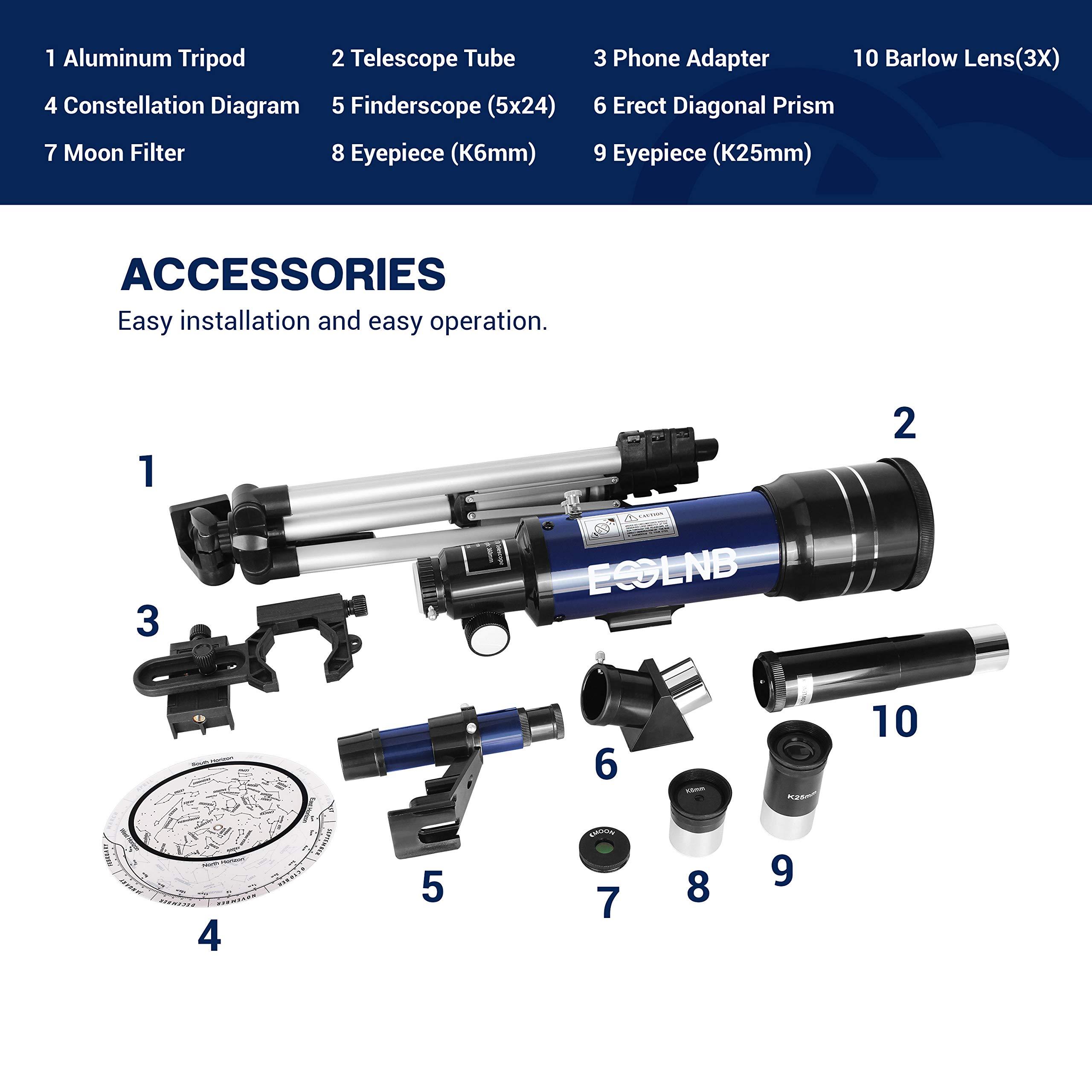 ESSLNB Telescope for Adults, 70mm Aperture Refractor Telescopes (15X-180X) for Astronomy Beginners, Portable Travel Telescope with Phone Adapter & Adjustable Tripod - Image 7