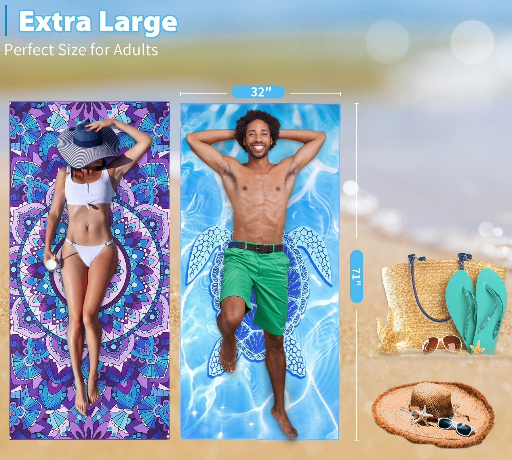 2 Pack Microfiber Oversized Lightweight Beach Towel 71"x32" XL Extra Large Thin Sand Free Towels Travel Swim Pool Yoga Gym Camping for Adults Women Men Beach Essentials Accessories Vacation Gift - Image 2