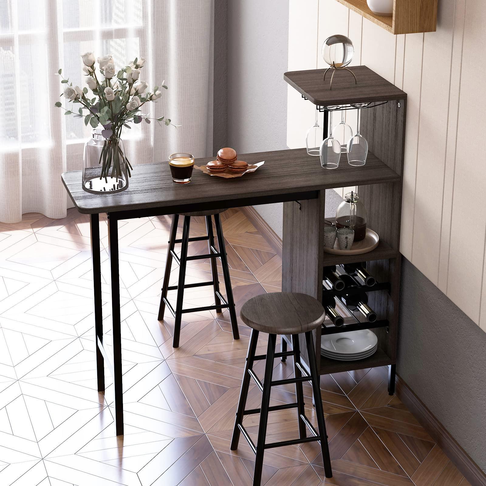GOFLAME Bar Table and Chairs Set for 2, Counter Height Dining Table Set with Shelves, Cup Holder & Wine Rack, Breakfast Table & Chair Set, 3-Piece Pub Table Set for Kitchen, Dining Room - Image 2
