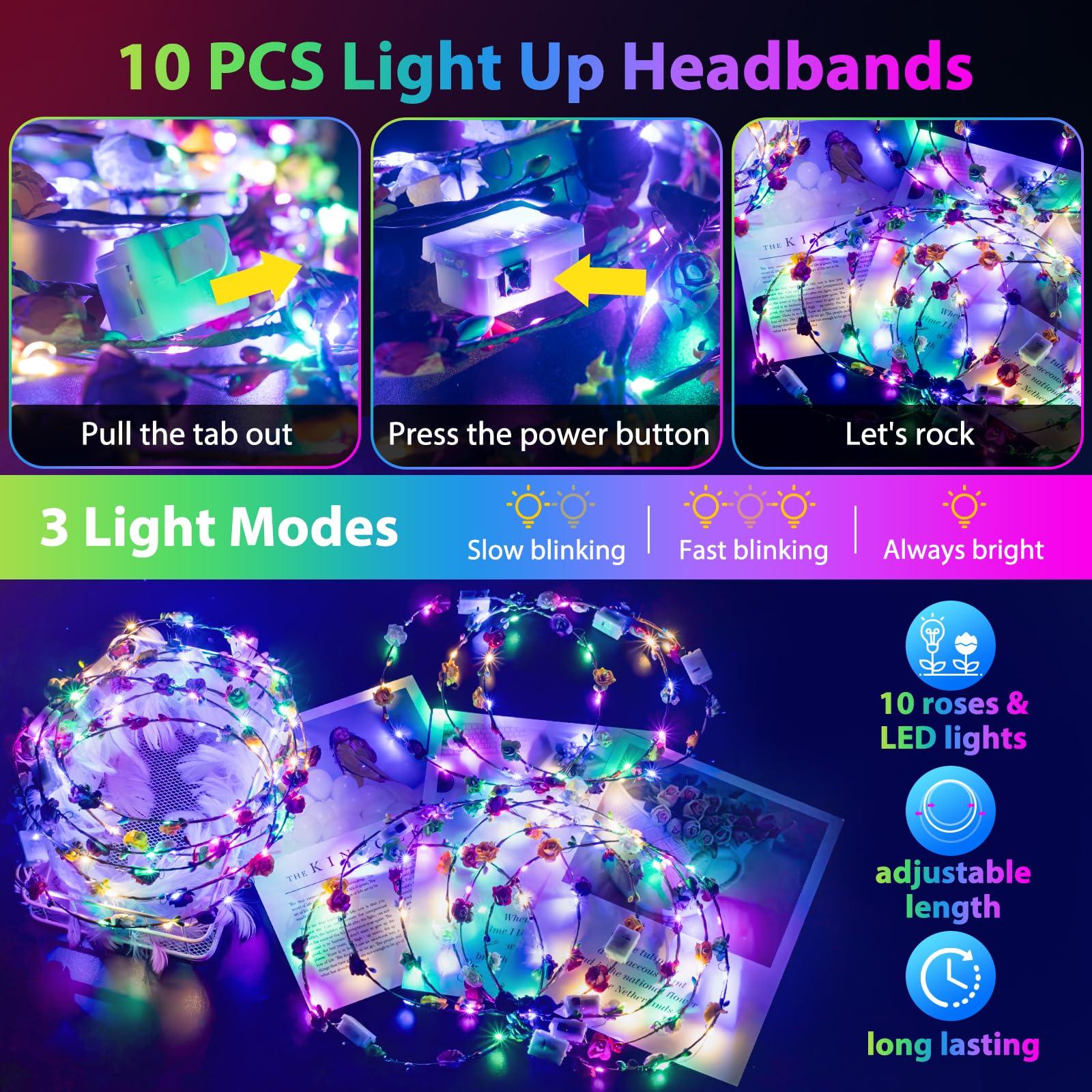 302 PCS Glow in the Dark Party Supplies, 20 LED Hair Clips Fiber Optic, 16 LED Glasses, 16 Foam Glow Sticks, 10 Light Up Flower Crowns, 40 Finger Lights,200 Glow Sticks for Glow Party Wedding Birthday - Image 4