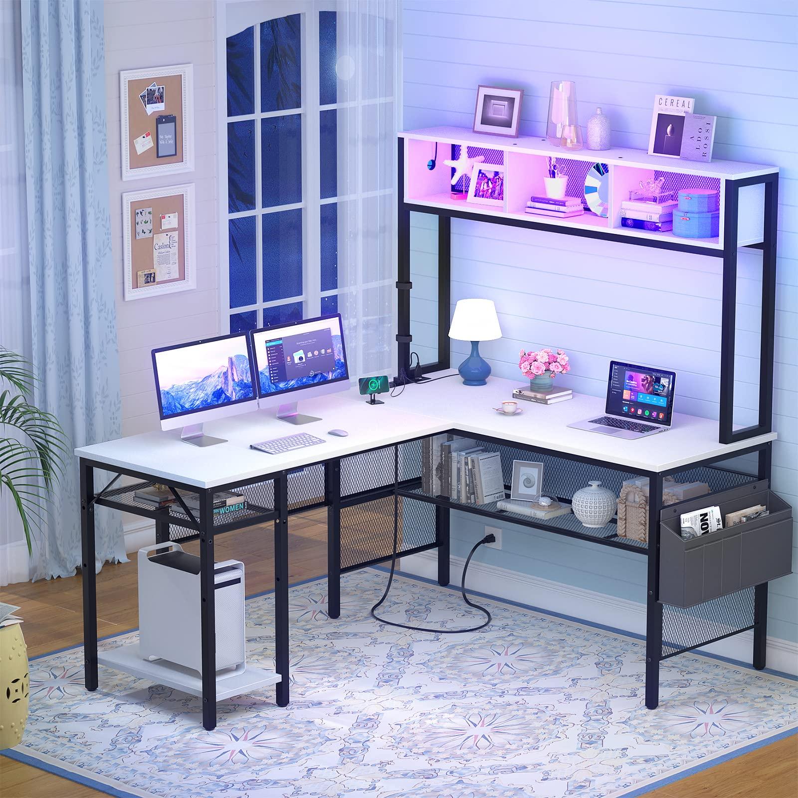 Unikito L Shaped Computer Desk with LED Strip and Power Outlets, Storage Shelves and Bag, Industrial Reversible Gaming Table Writing Corner Desk for Home Office Workstation, White - Image 6