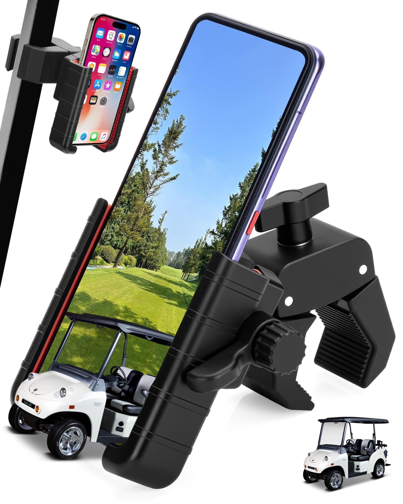 Golf Cart Phone Holder Mount for EZGO Club Car Yamaha – 360° Rotatable Universal Cell Phone Cradle for iPhone 15 14 13 Pro Max, Samsung Galaxy, Pixel – Secure Clamp, Fits All Smartphones