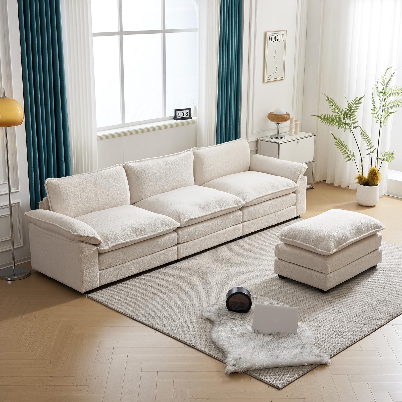 Karl home Sectional Sofa Modular Deep Seat Sofa Couch with Ottoman, Teddy Fleece Sofa Sleeper Comfy Upholstered Furniture for Living Room, Apartment, Studio, Office, (3-Seat & 1-Ottoman, Teddy Beige) - Image 6
