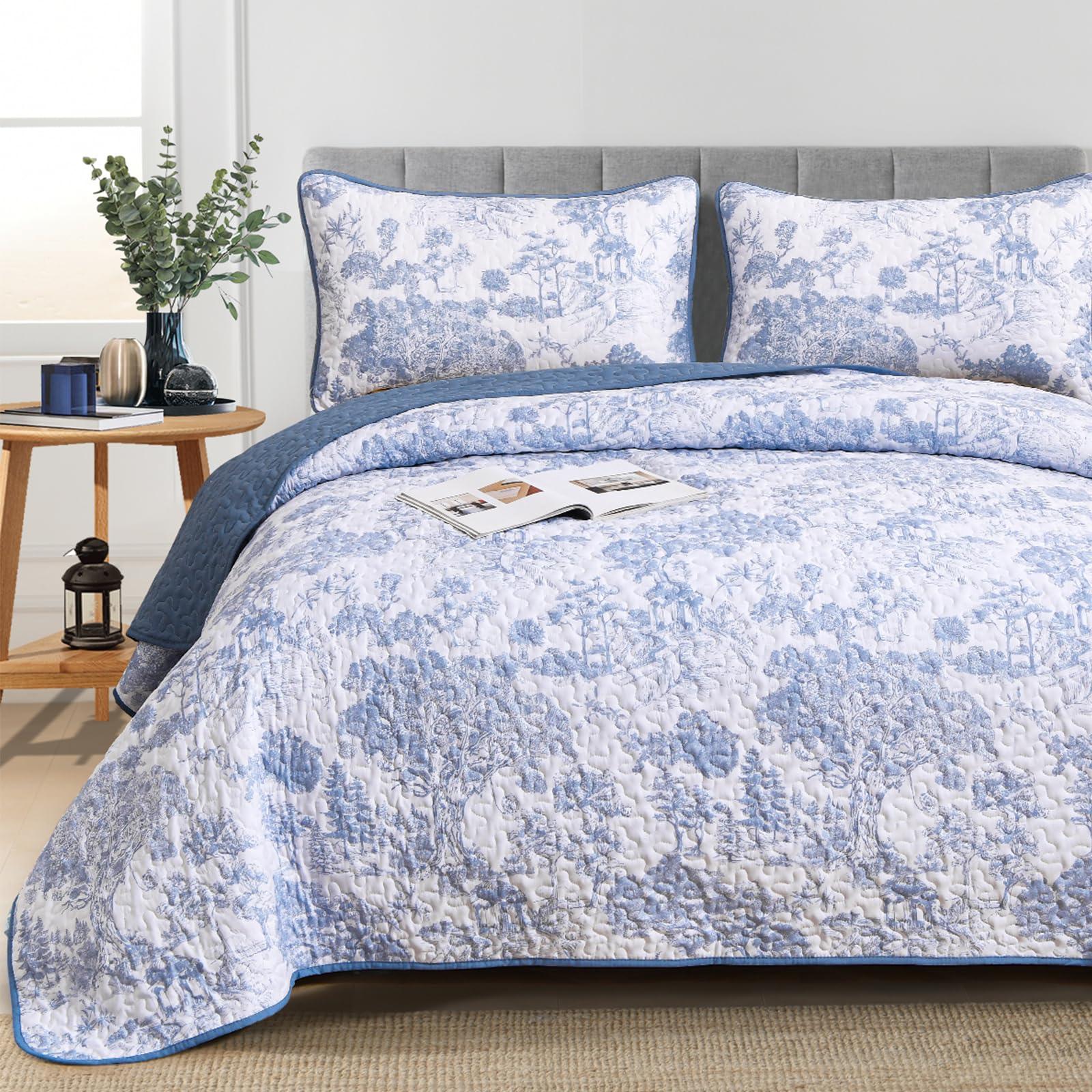 WONGS BEDDING Blue Quilt Set King Size, 3 Pieces Botanical Bedspreads Set Lightweight Microfiber Blue Toile Plants Pattern Coverlet Home Decor for All Seasons(104"×90") - Image 7