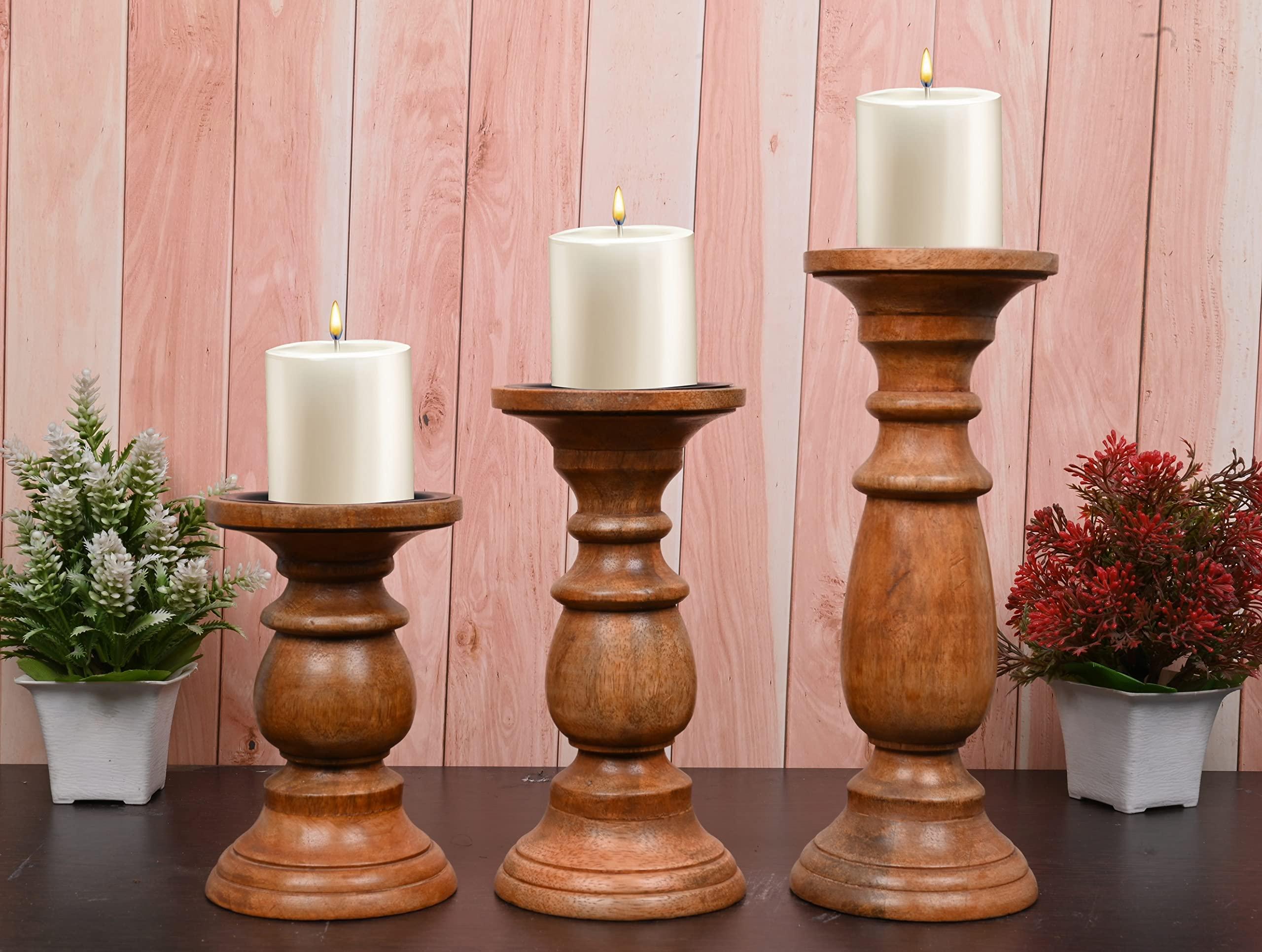 EDHAS Natural Round Turned Candle Holders for Pillar Candles Set of 3 Vintage Style Mango Wood Candle Holder for Centerpiece for Dining, Living Room - Image 2