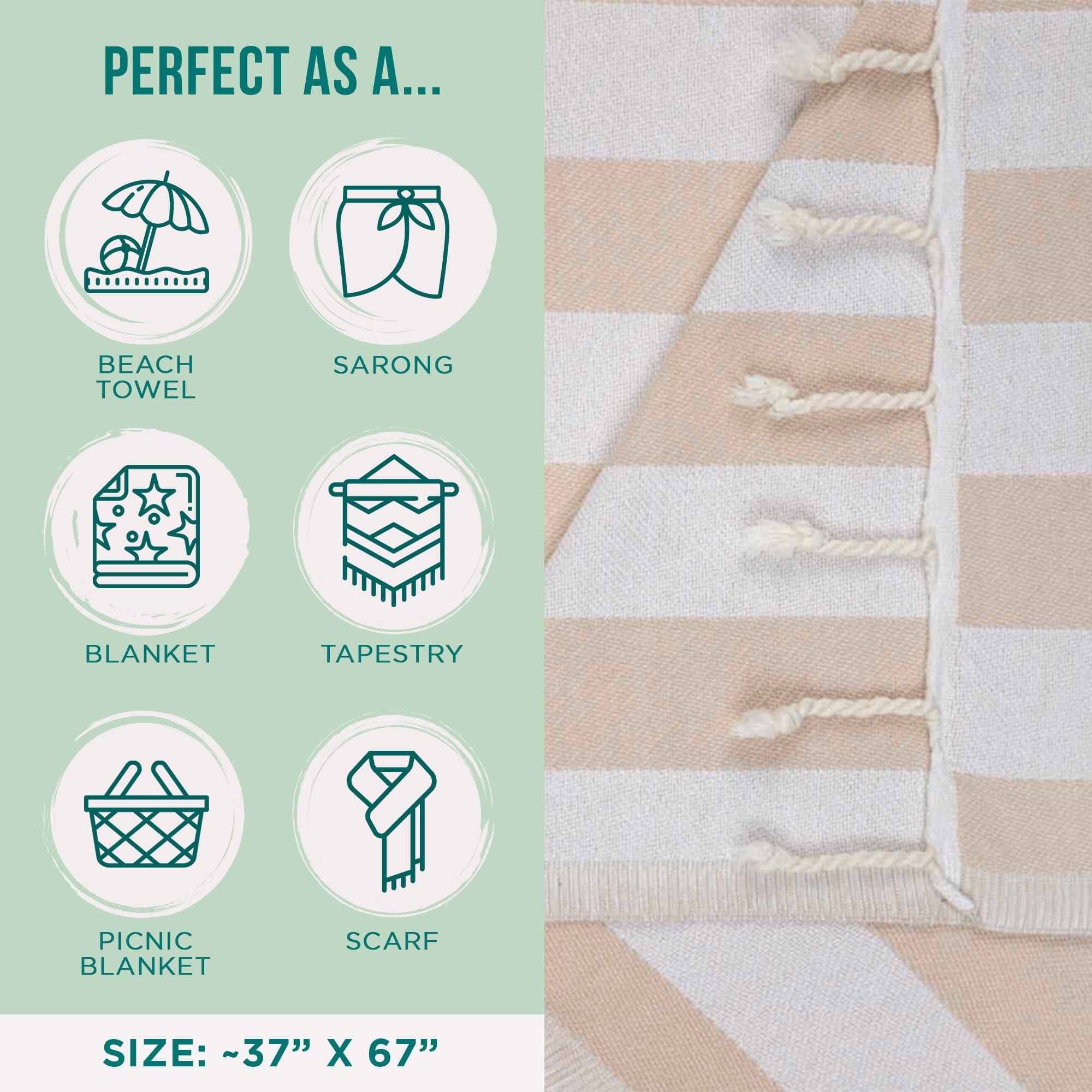 Sand Cloud Turkish Beach Towel - 100% Organic Cotton Turkish Bath Towels - Ultra Soft, Sand Free & Quick Dry Towel for Beach, Pool, or Picnic Blanket - As Seen on Shark Tank - Stripe (Beige) - Image 3