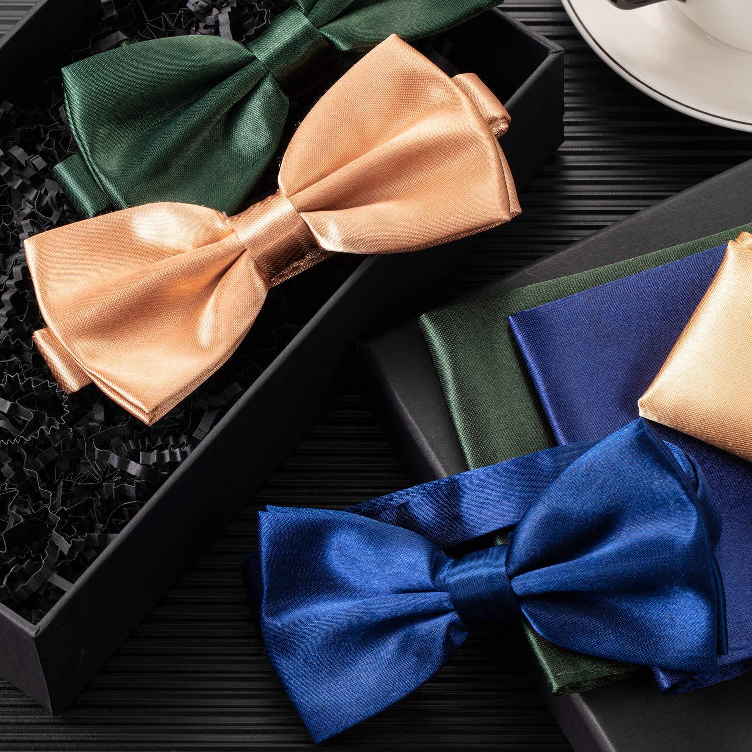 SATINIOR 24 Pcs Pre Tied Bow and Tie Pocket Square Set 12 Solid Color Adjustable Bowtie 12 Satin Handkerchief for Men Boys - Image 4