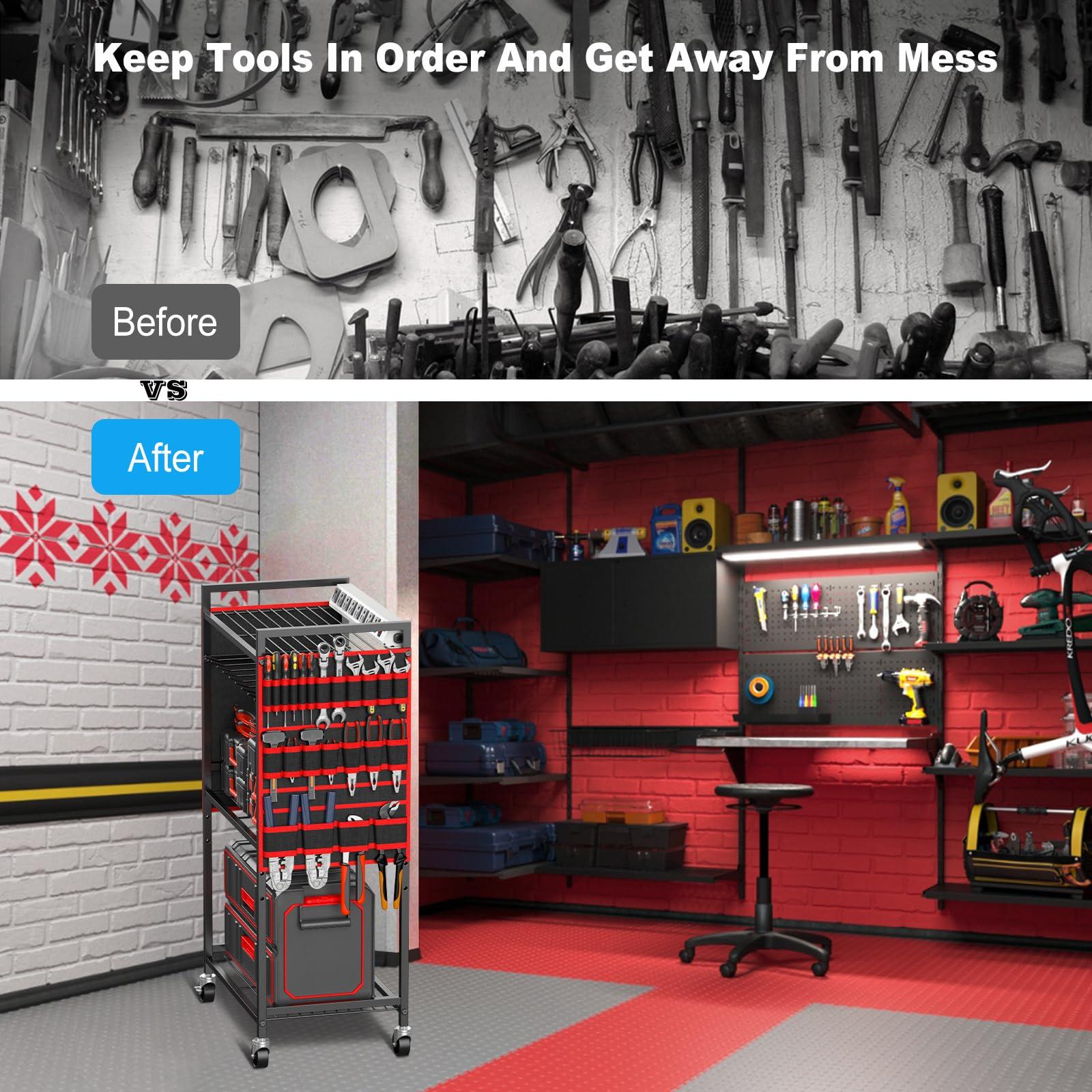JUNNUJ Large Power Tool Organizer Cart with Charging Station, Garage Floor Standing Rolling Drill and Tools Battery Storage Cart on Wheels, Heavy Duty Utility Rack Shelf with 8 Outlet Power Strip, Red - Image 7