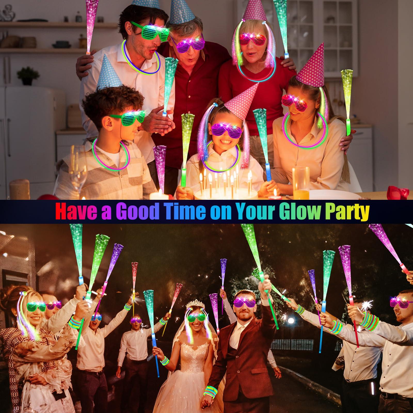OLUPP 148 PCS Glow in the Dark Party Supplies, 16 Fiber Optic Wands, 14 LED Glasses, 100 Glow Sticks and 18 LED Hair Clips Fiber Optic for Neon Party, Wedding, Birthday, Concert, New Year - Image 3