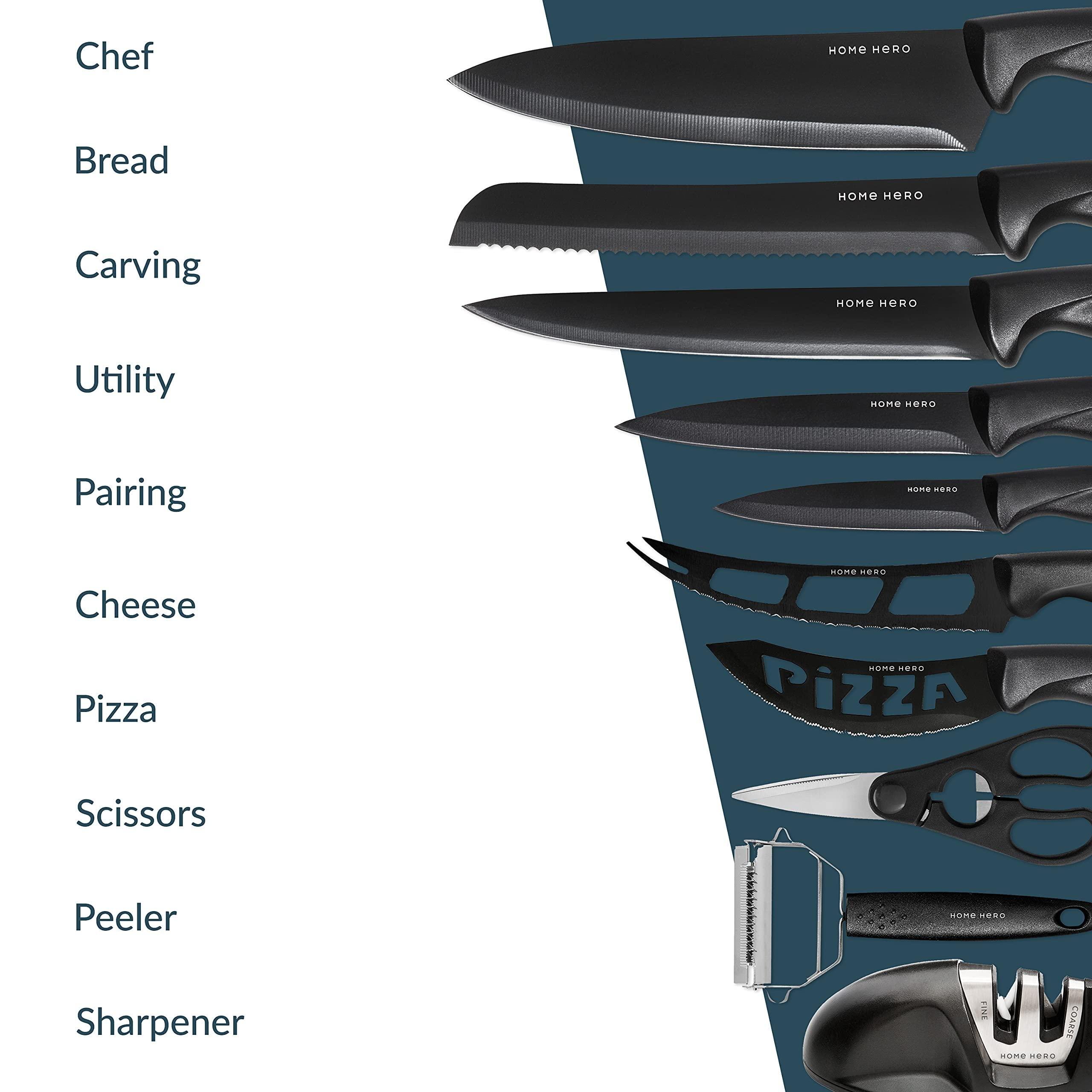 Home Hero Kitchen Knife Set with Sharpener - High Carbon Stainless Steel Knife Block Set with Ergonomic Handles (20 Pcs - Black) - Image 10