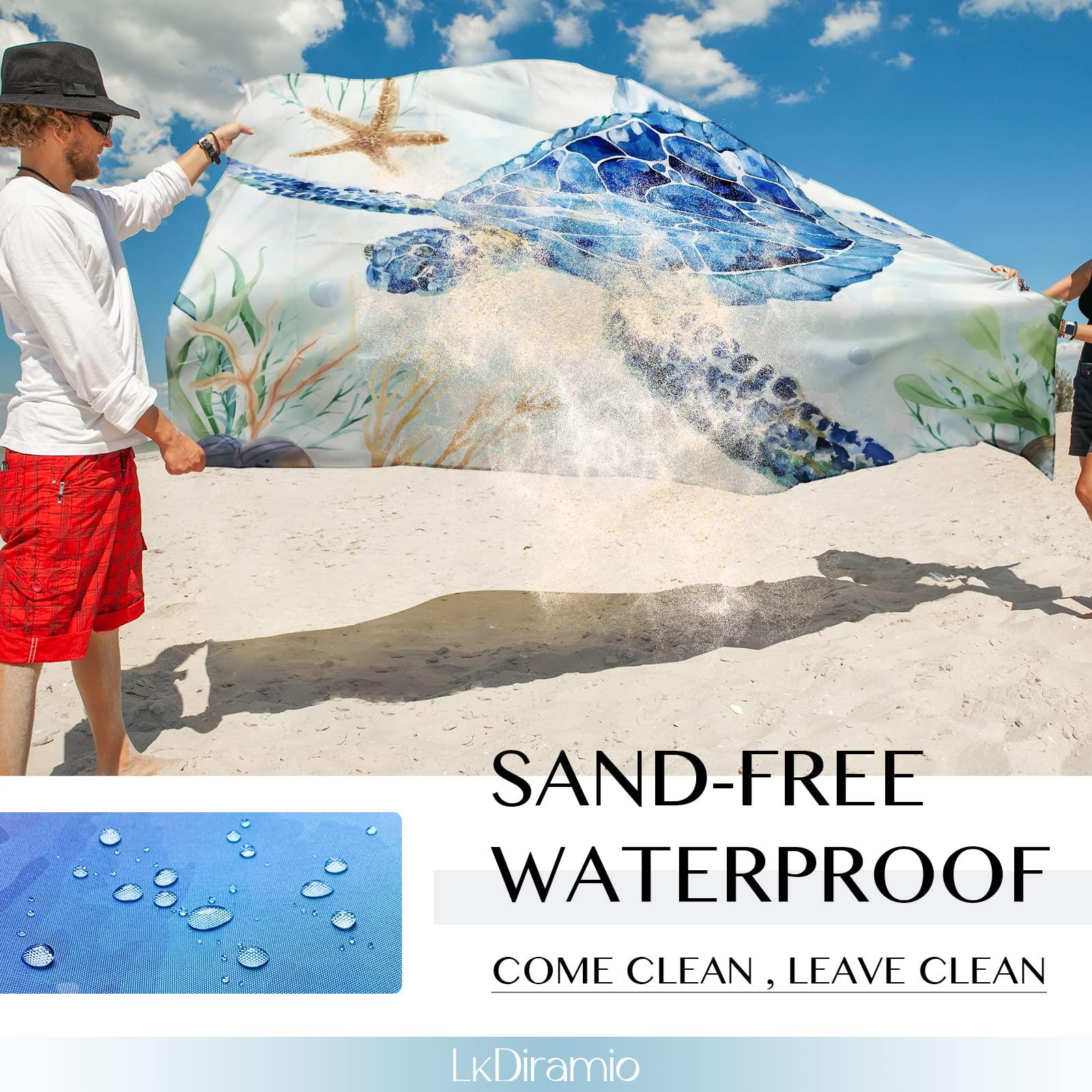 LkDiramio Beach Blanket Sand Proof Waterproof Oversized 100" x 80" Sand Free Mat with Corner Pockets and Mesh Bag for Outdoor, Picnic, Travel, Beach Accessories Portable, Watercolor Turtle - Image 4