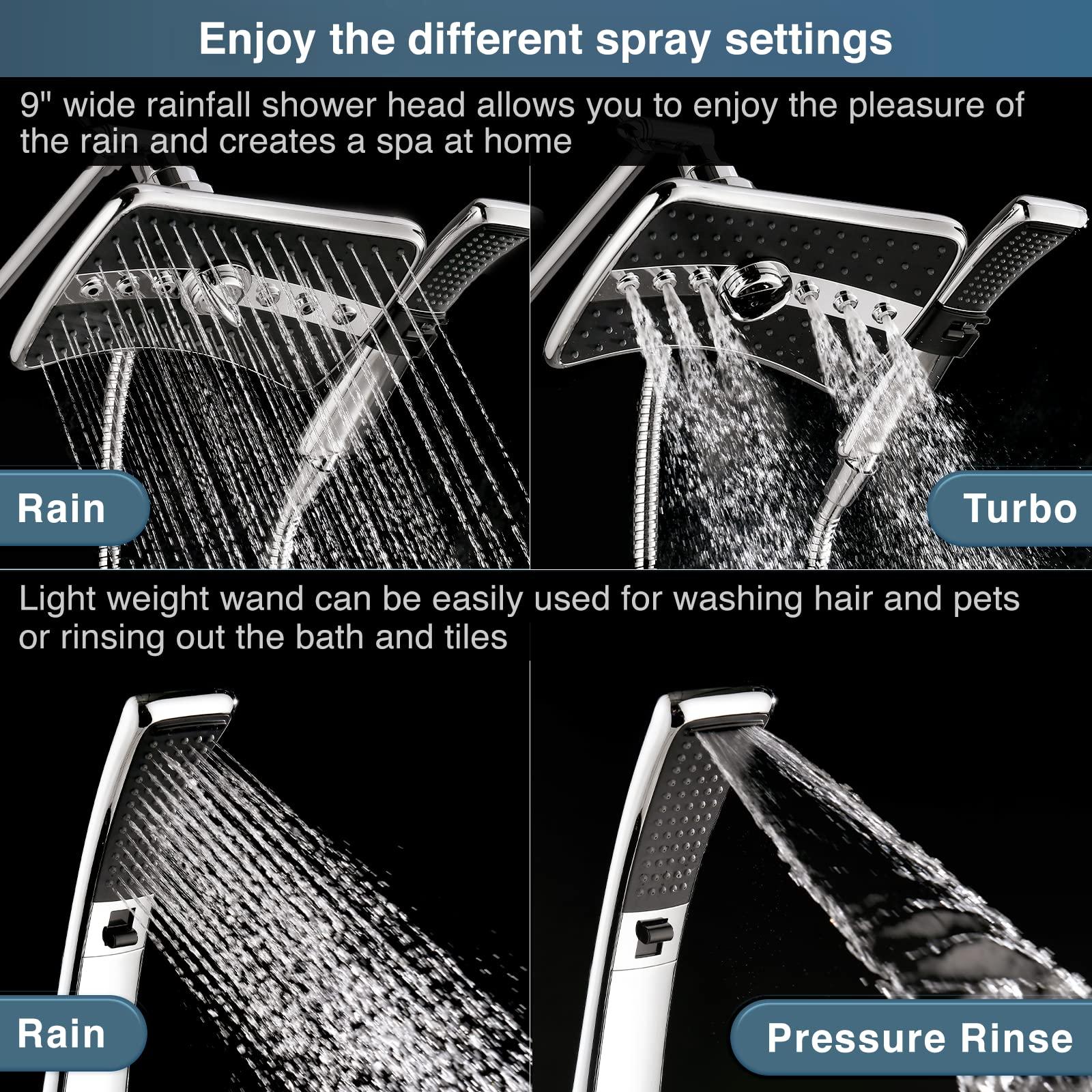 BRIGHT SHOWERS High Pressure Shower Head with Handheld, Dual Showerhead Combo with Black Face, Detachable Hand Held Shower with Rainfall Spray, 60" Stainless Steel Hose, Modern Chrome Finish - Image 2