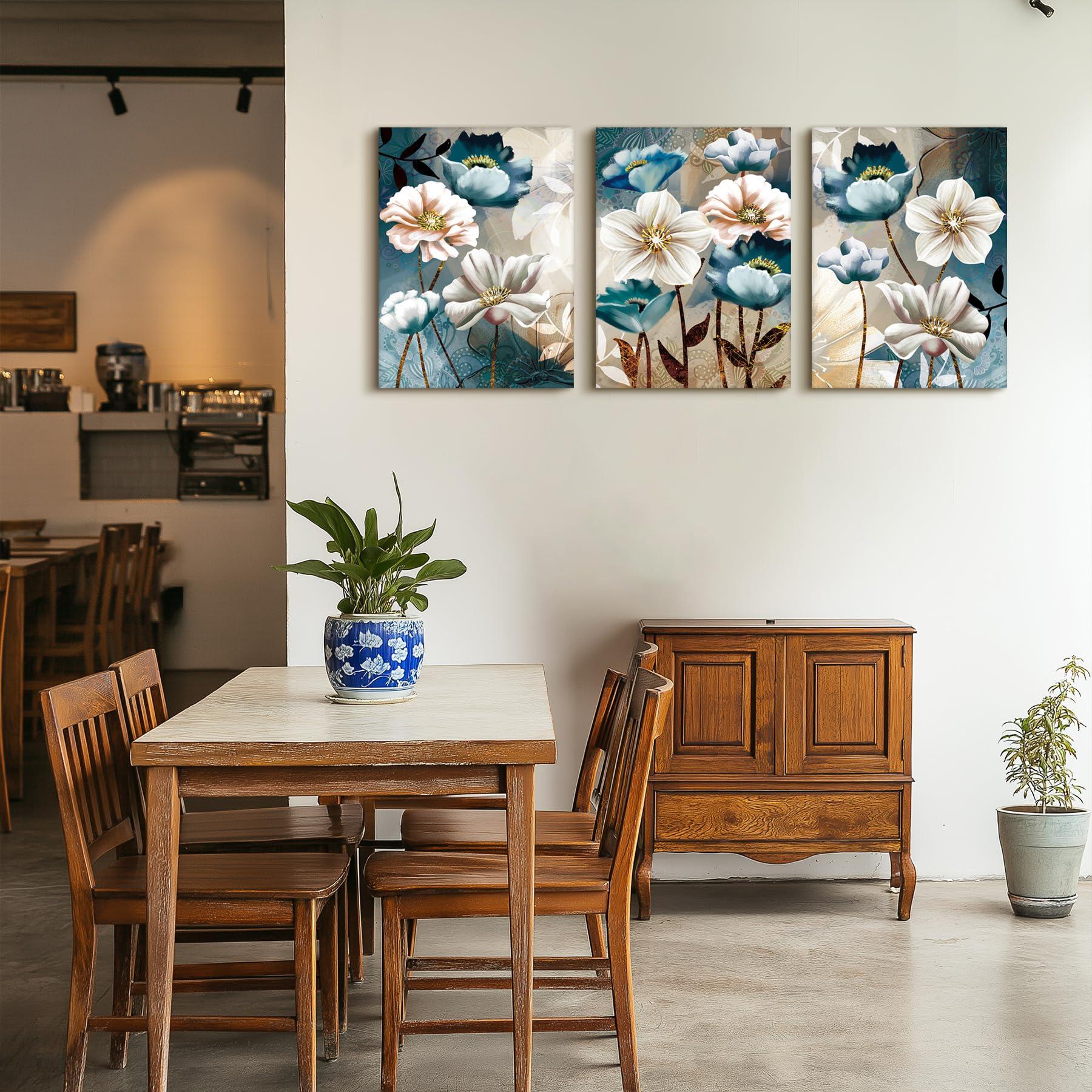 SERIMINO 3 Piece Lotus Flower Canvas Wall Art for Living Room, Blue Floral Picture Wall Decor for Dining Room Bedroom, Art Print Painting for Home Decorations 12"X16" - Image 2