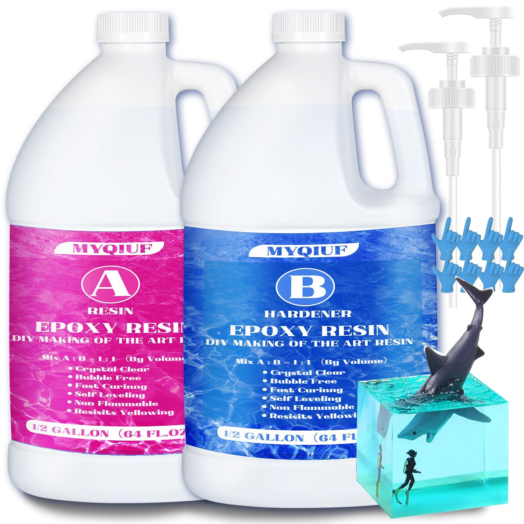 Myqiuf Epoxy Resin Kit, 1 Gallon/128OZ Epoxy Resin Crystal Clear Not Yellowing No Bubble Self Leveling for DIY Molds Wood Jewelry Table Tops Bar Top Casting Coating Crafts Supplies Easy Mix 1:1 Ratio