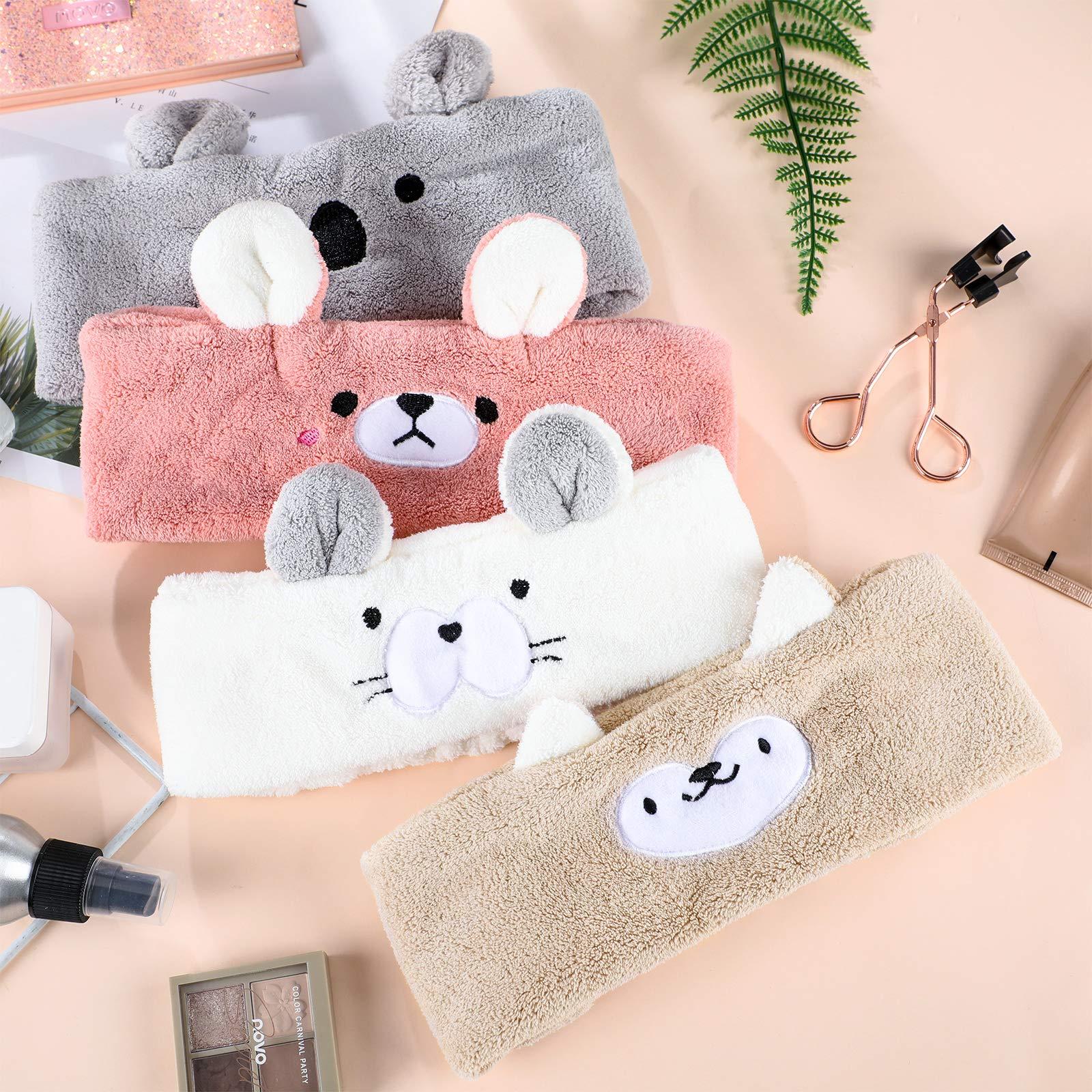 Chuangdi 4 Pieces Animal Hair Bands Face Wash Headband Spa Animal Ears for Skincare Makeup Spa Headband Washing Face Coral Fleece Plush Hairband for Women Girls(Adorable Style,Cute Colors) - Image 7