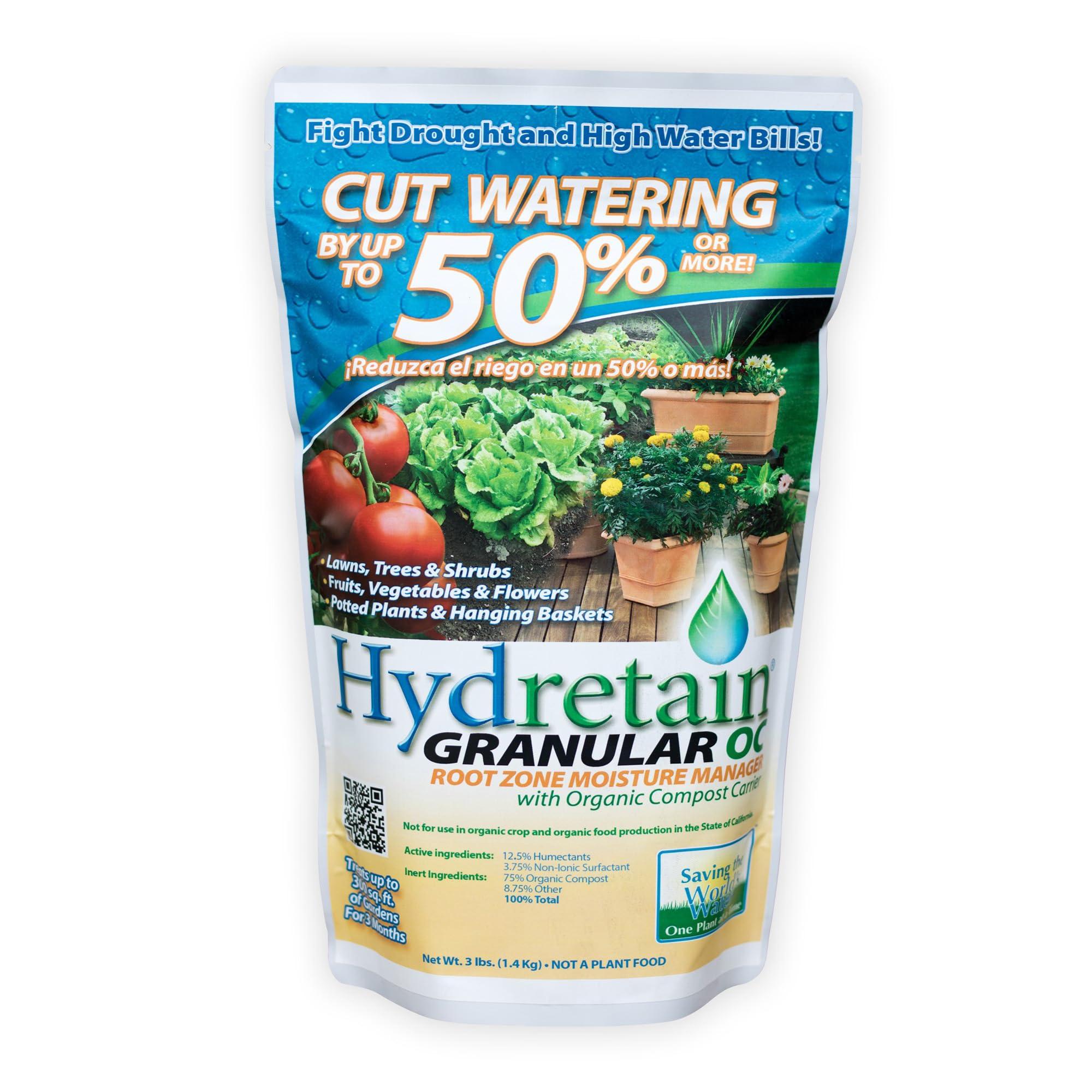 Hydretain Root Zone Moisture Manager - Drought Protection and Moisture Control for Lawns, Gardens, Containers - Reduces Watering, Delays Wilt - Covers up to 1,000 Sq Ft (3 lbs, Granule)