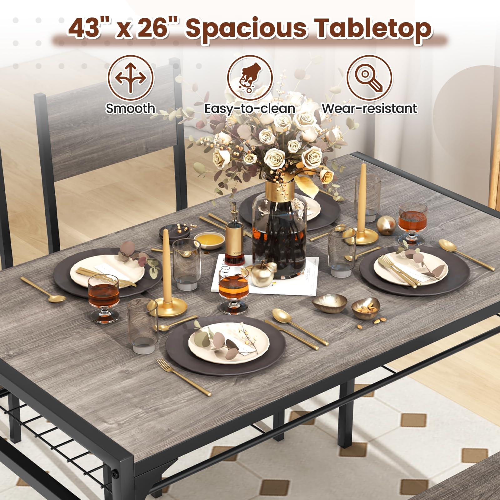 COSTWAY 4 Pieces Dining Table Set, Kitchen Table and 2 Chairs for 4 with Bench, Storage Racks, Metal Frame & Space-saving Design, Industrial Kitchen Table Set for Small Space, Apartment (Black & Grey) - Image 4