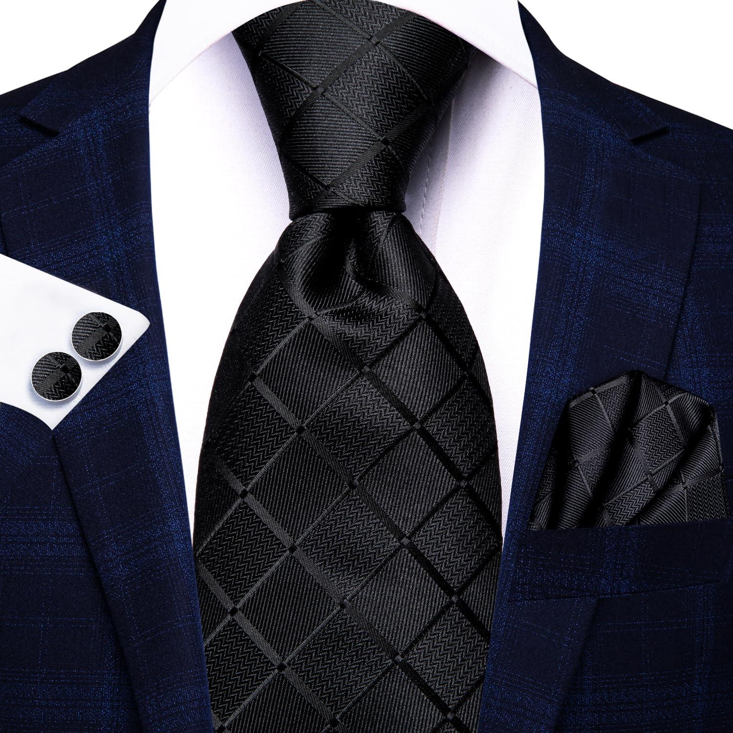Hi-Tie Mens Plaid Ties Classic Paisley Necktie with Handkerchief Cufflinks Set Business Stripe Tie - Image 3