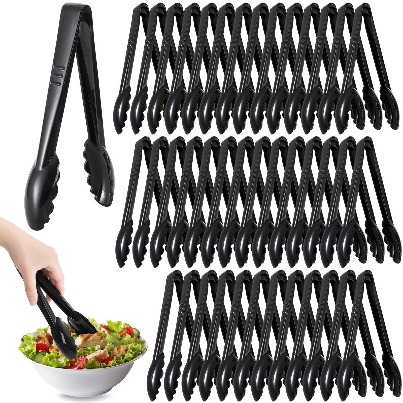YIMITEE 40 Pack Plastic Tongs for Serving, 9" Disposable Buffet Tong, Heavy Duty Scalloped Serving Utensil Tongs, Bulk Charcuterie Accessories for Party Events Catering Kitchen BBQ Ice Salad, Black