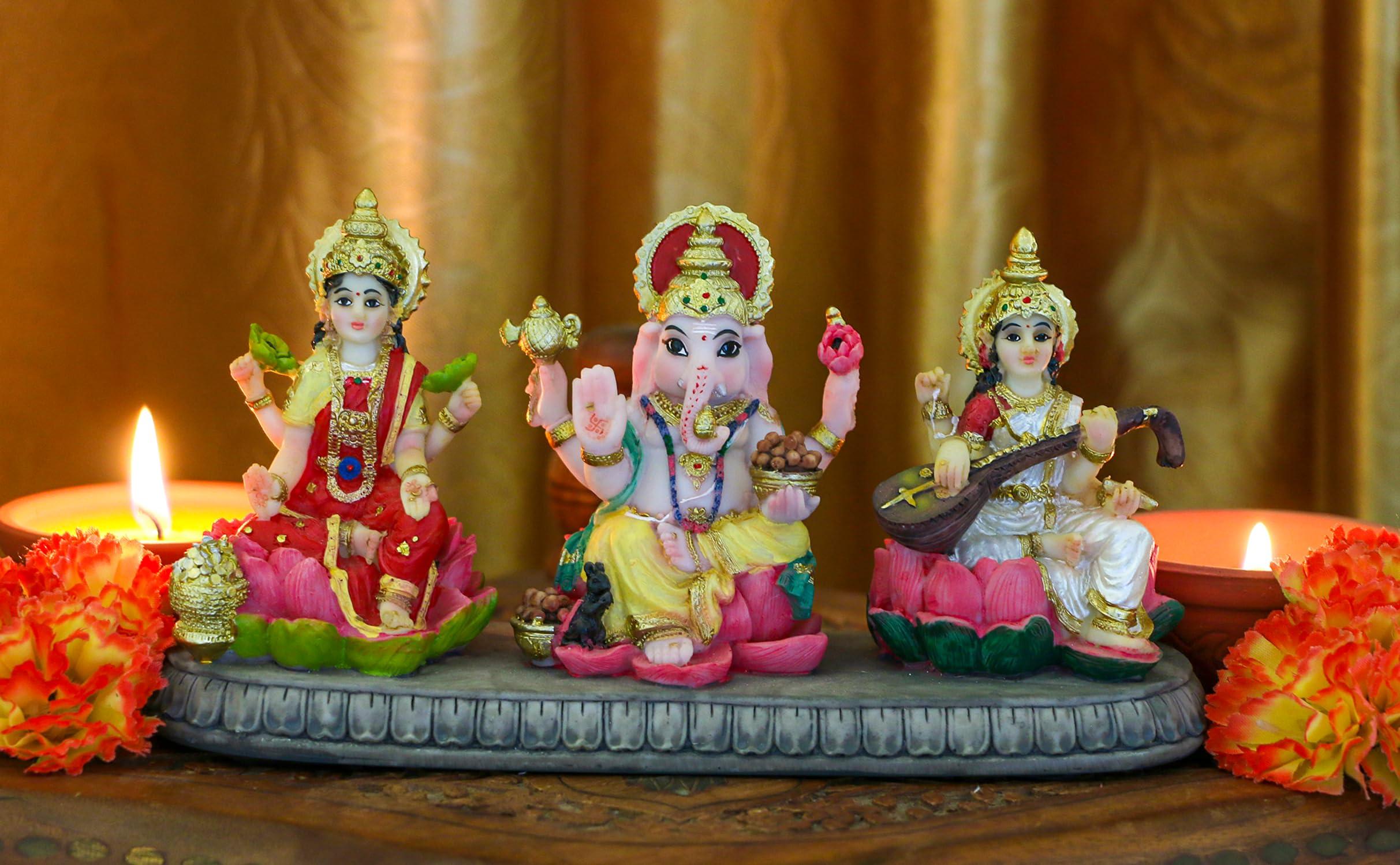 India Laxmi Ganesh Saraswati Statue - 3.9”H Indian God Lakshmi Ganesha Saraswati Idol Figurine Hindu Diwali Gifts Diwali Decoration Home Office Mandir Temple Pooja Item - Image 2