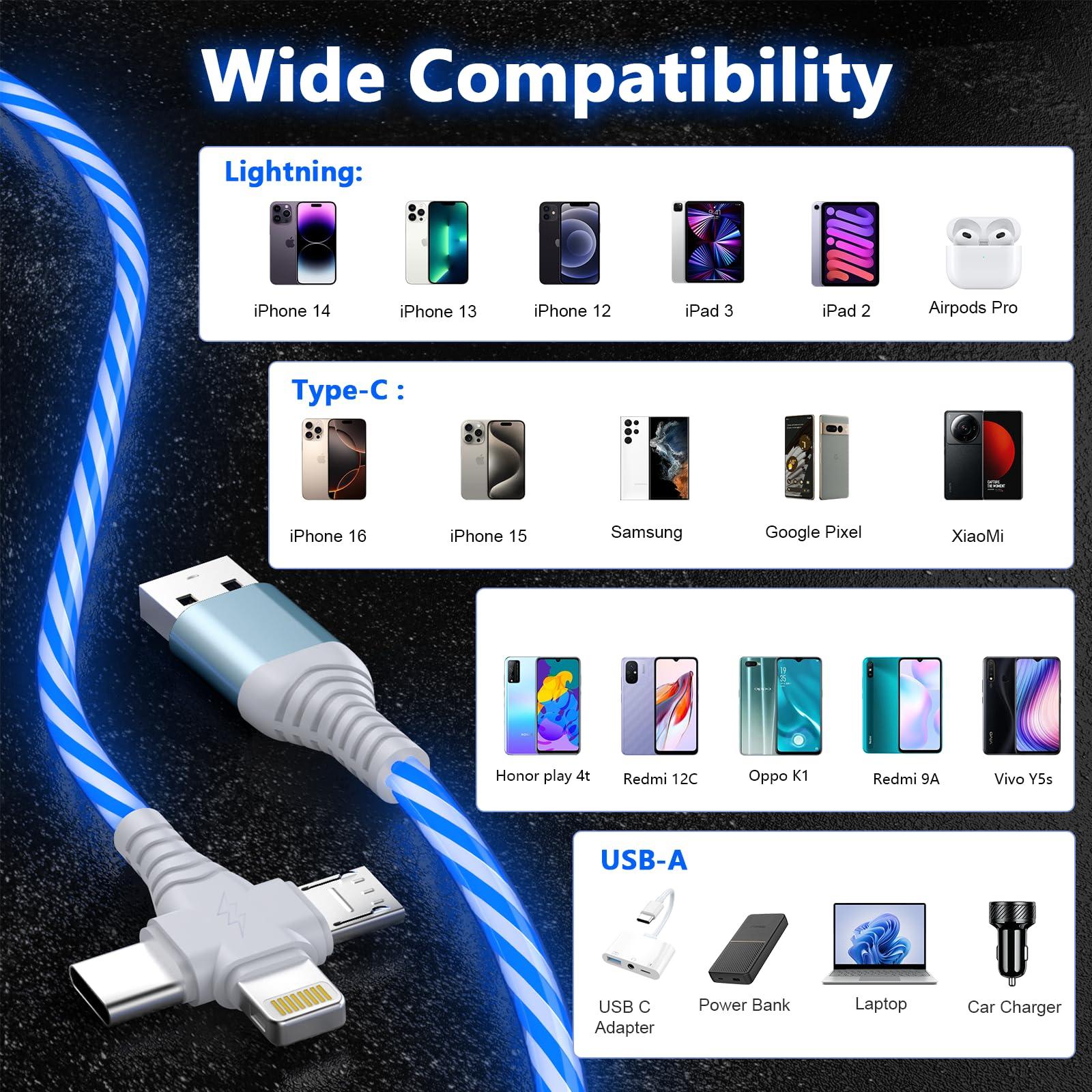 3-in-1 LED Light Up Flowing Multi iPhone Charger Cable,Lightning/Type C/Micro USB Car RGB Glowing Connector Cord for Apple iPhone 15/14/13/12/11 Pro Max/XR/XS/SE,iPad/Android/Samsung(6.6FT/2M Blue) - Image 3