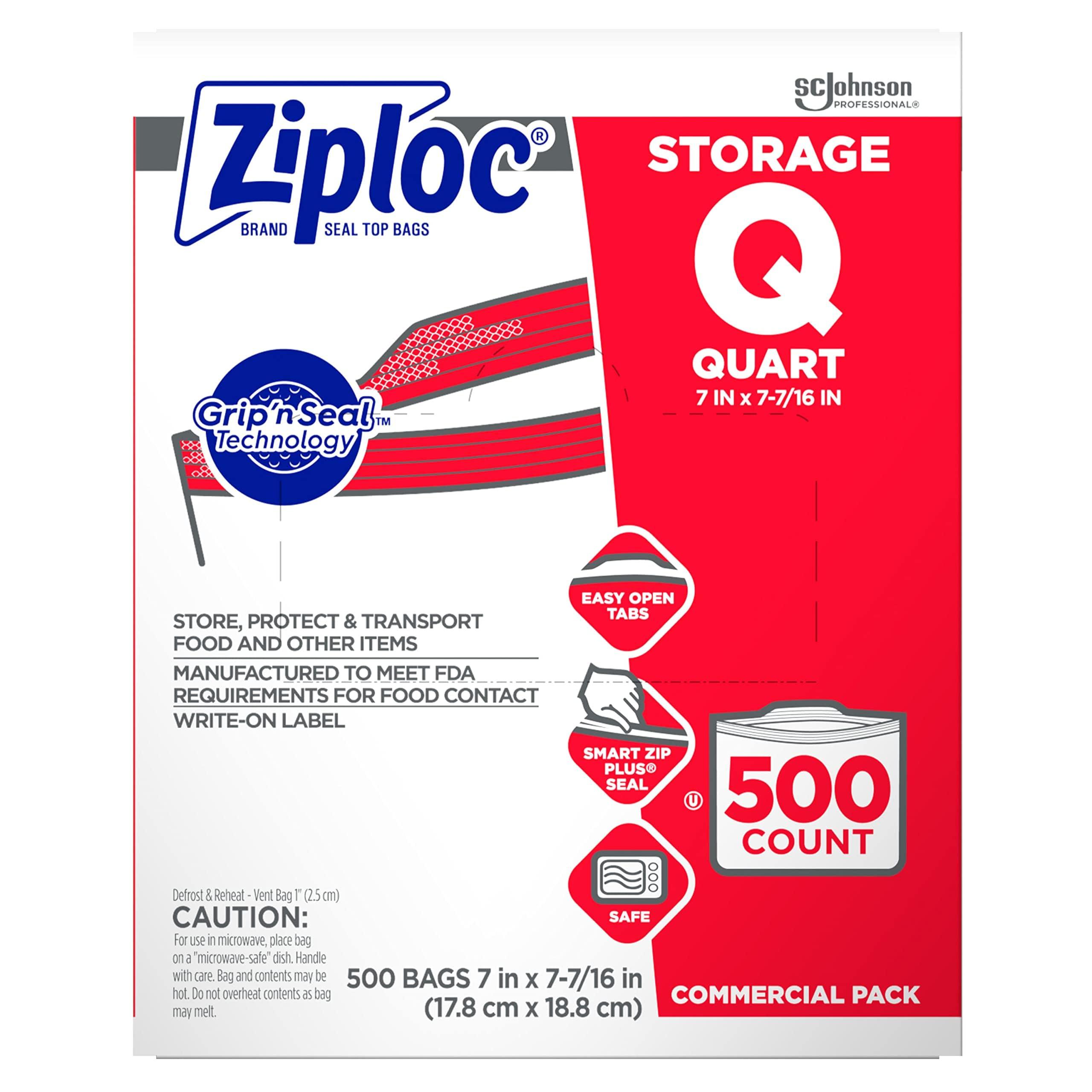 SC Johnson Professional Ziploc Storage Bags, For Food Organization and Storage, Double Zipper, Quart, 500 Count