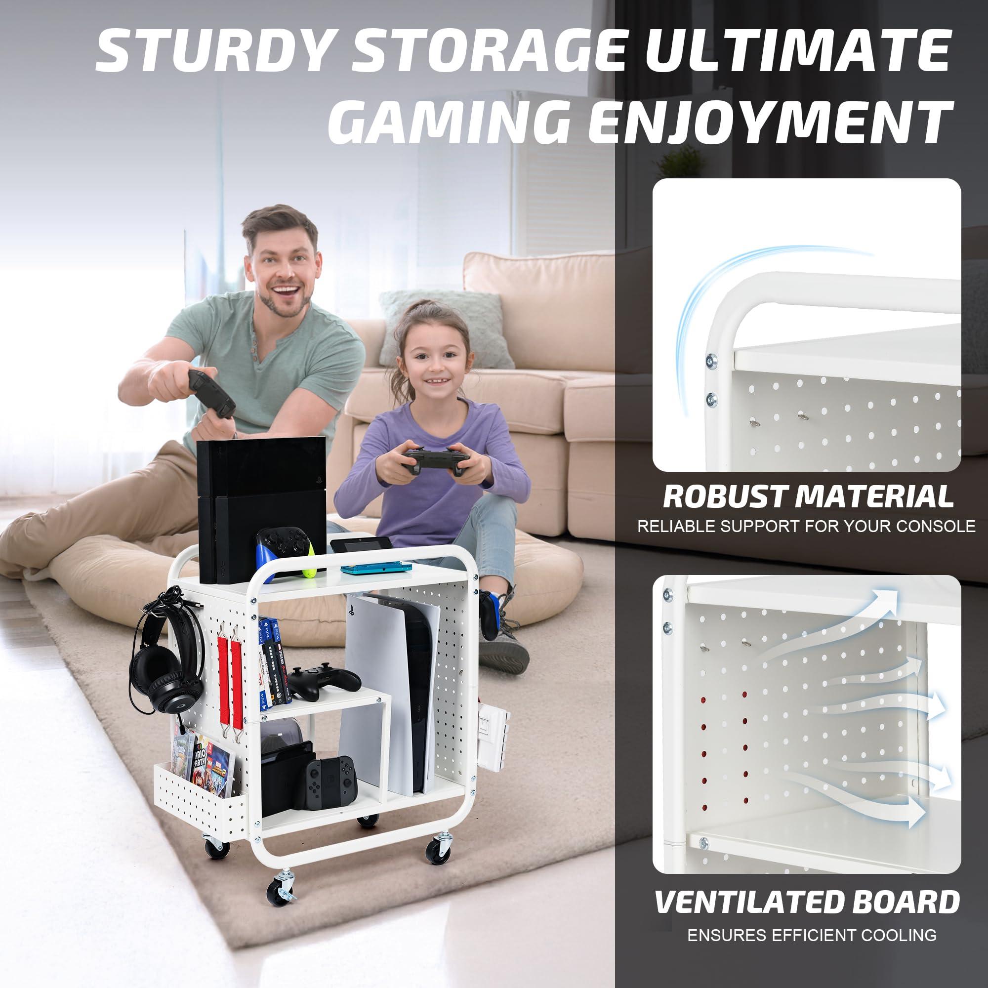 PLKOW Video Game Organizer, Rolling Video Game Storage Rack for Xbox/Switch/PS4/PS5 Accessories, Game Consoles Stand Controllers Holder, Perfect Holiday Present (White) - Image 8