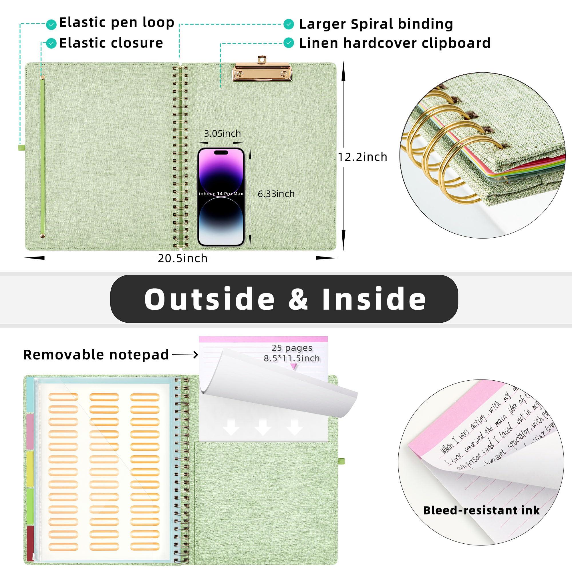 Ospelelf Green Foldable Spiral Clipboard Folio with Storage Zipper Pouch, 5 Plastic Folders with 10 Pockets, Refillable Lined Notepad (11" x 8.5"), Linen Hardcover Project Organizer - Image 4