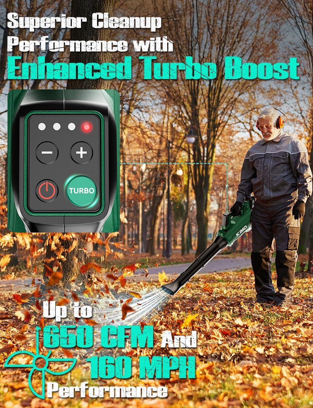 KIMO Leaf Blower Cordless with Battery and Charger, 650CFM 160MPH, Turbo Mode and 4 Speeds, Brushless Motor, 2 Pack 4000mAh Battery Powered Leaf Blowers for Lawn Care, Shoulder Strap, 3 Extended Tube - Image 3